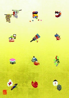 Grande opera d'arte contemporanea giapponese Oshie con cornice in seta e broccato