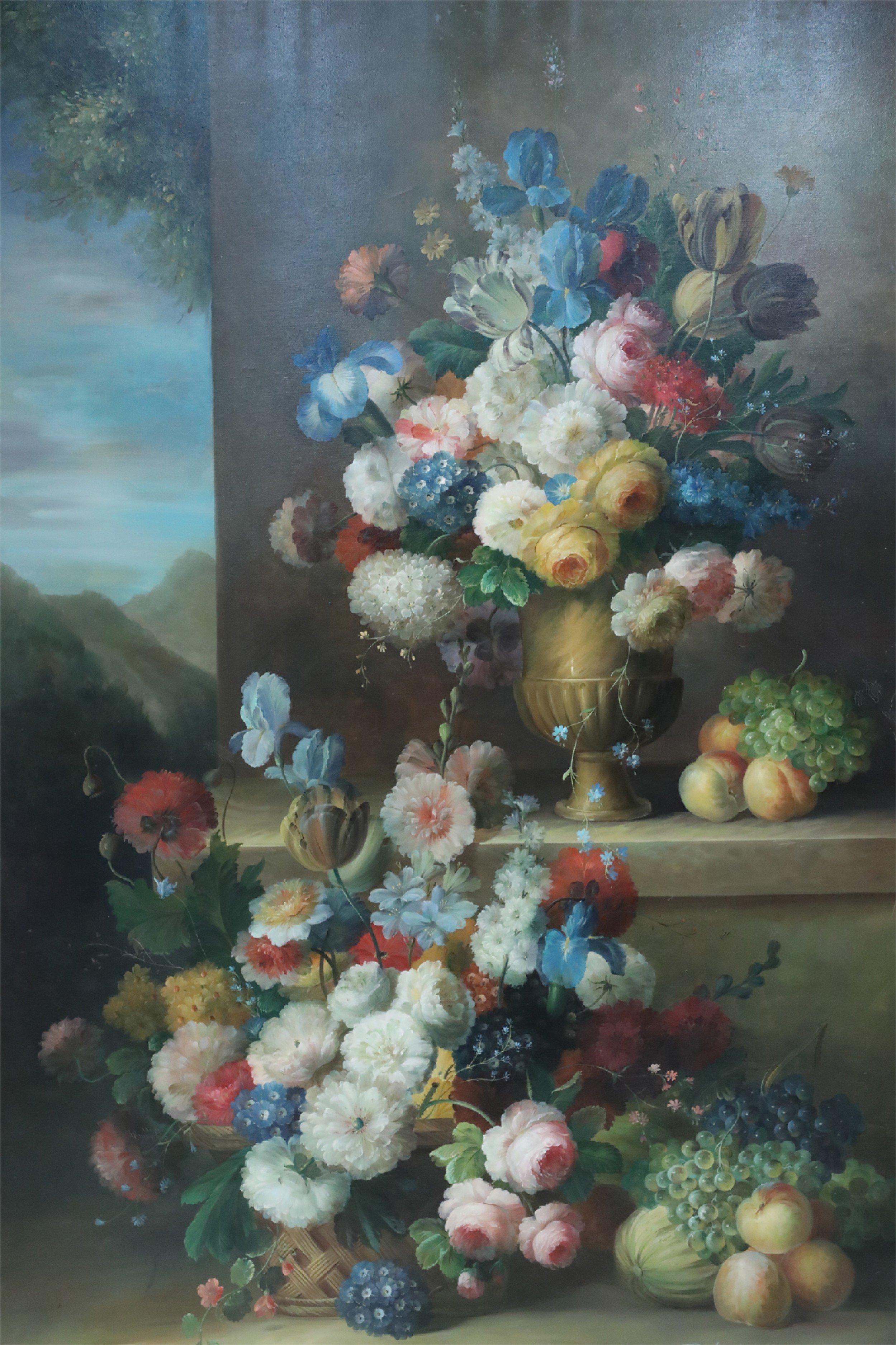 Grande peinture à l'huile encadrée d'une nature morte encadrée représentant une urne de fleurs et de fruits sur un jardin en vente 3