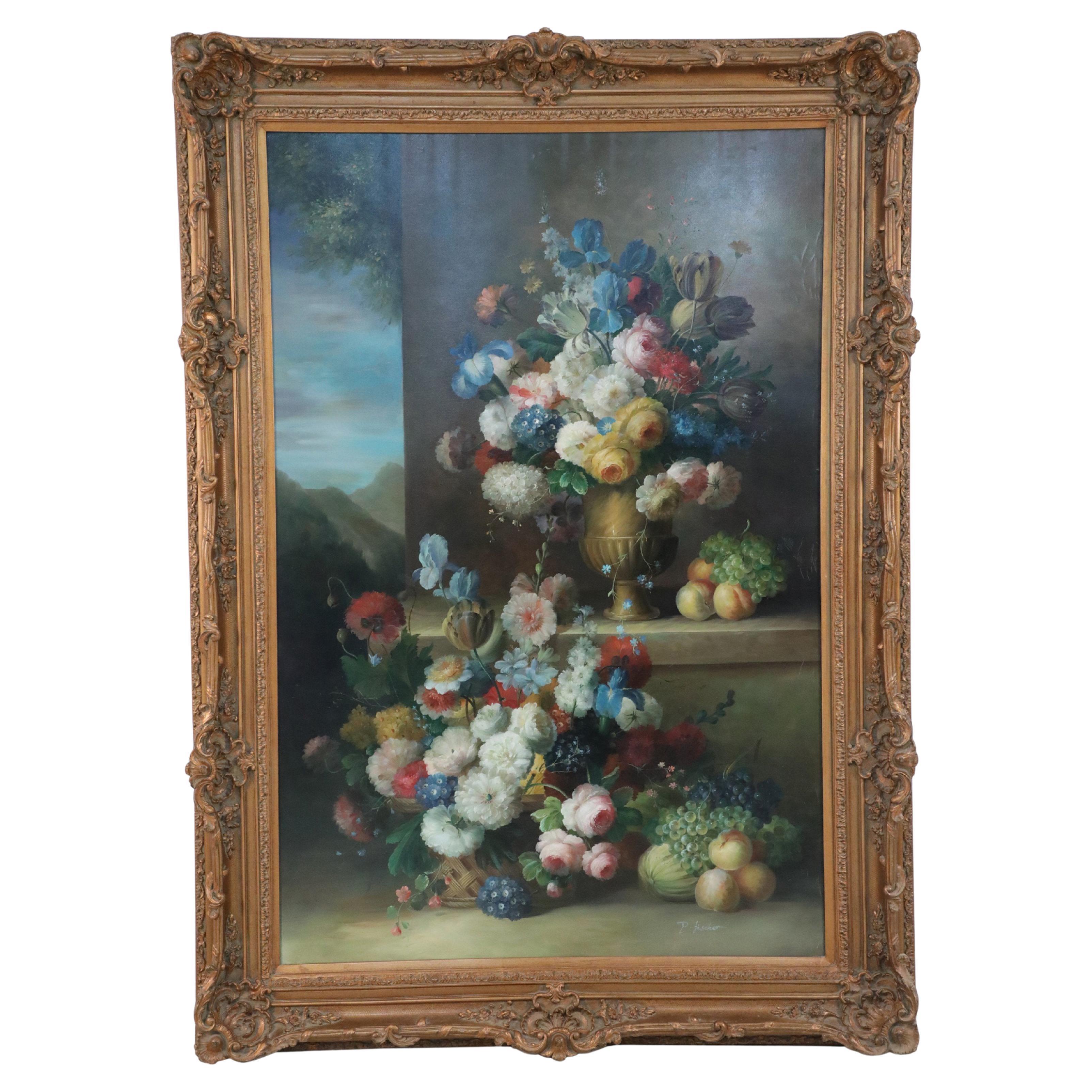 Grande peinture à l'huile encadrée d'une nature morte encadrée représentant une urne de fleurs et de fruits sur un jardin