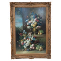 Large Framed Still Life Oil Painting of an Urn of Flowers and Fruit on a Garden