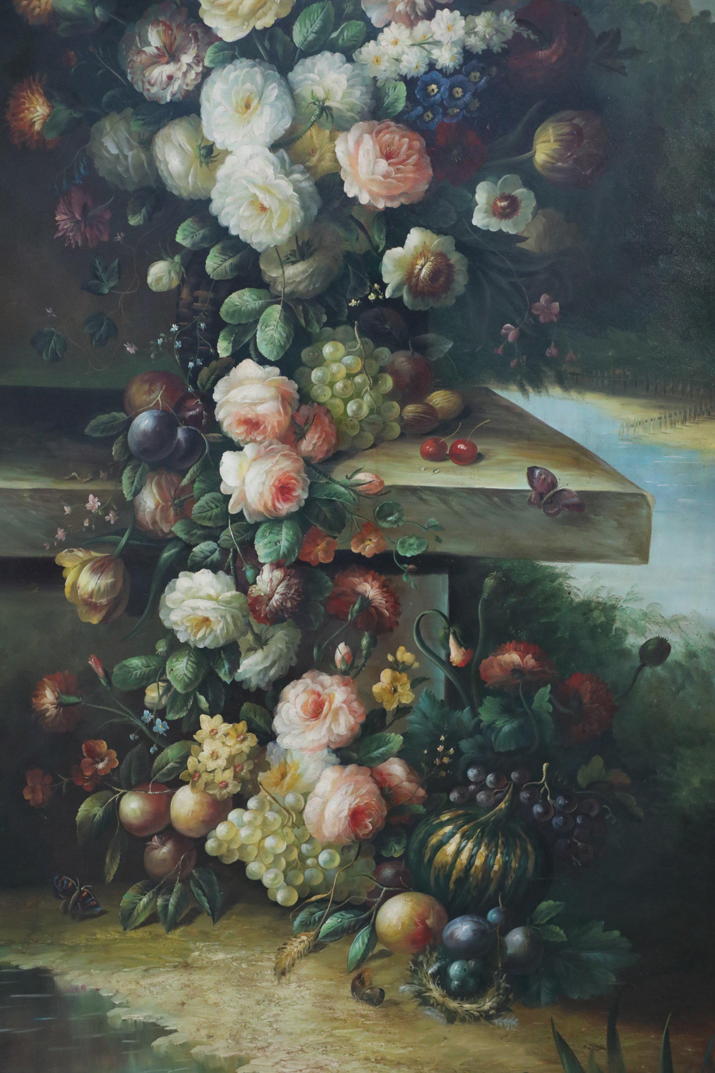 American Large Framed Still Life Oil Painting of an Urn of Flowers on a Garden Bench For Sale