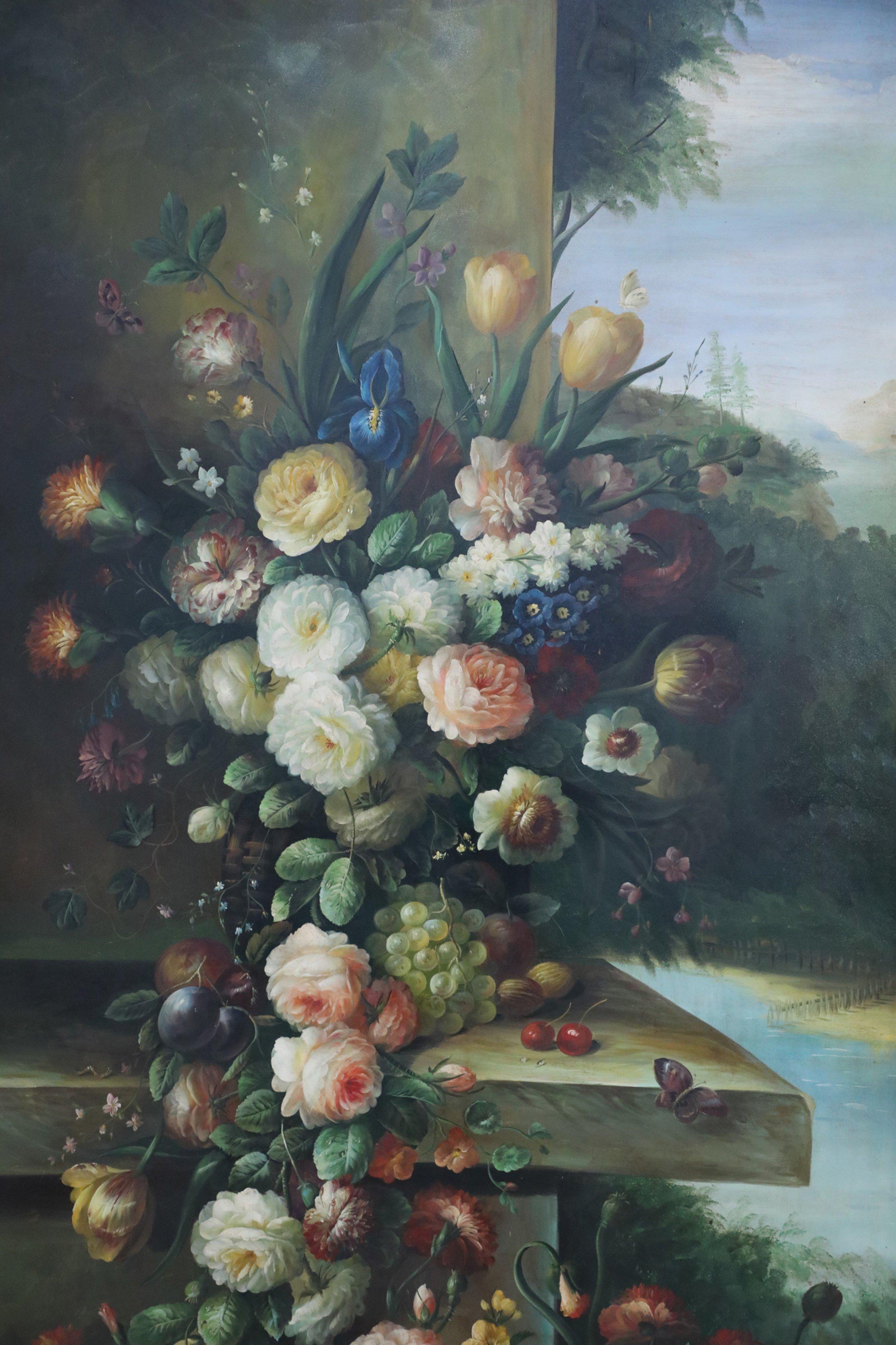 Oiled Large Framed Still Life Oil Painting of an Urn of Flowers on a Garden Bench For Sale
