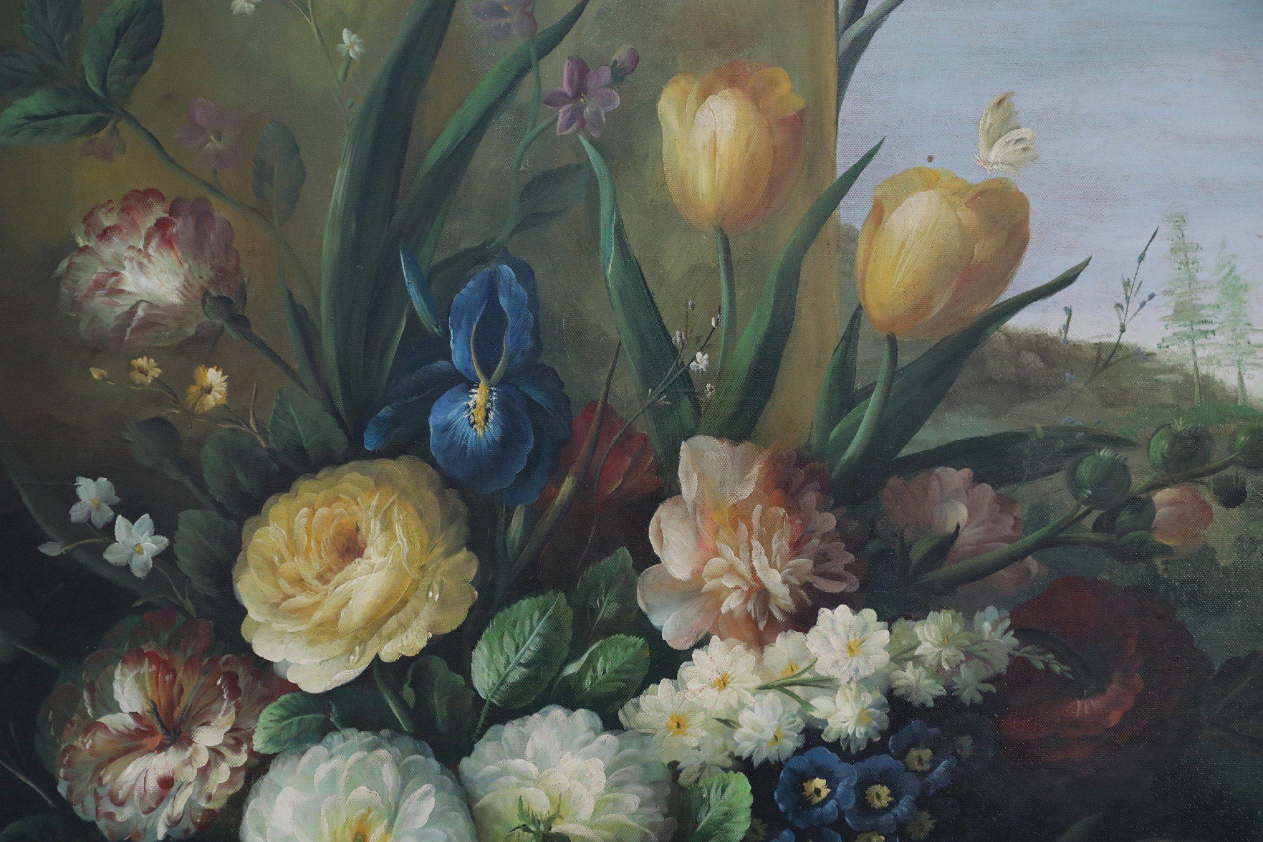 Large Framed Still Life Oil Painting of an Urn of Flowers on a Garden Bench For Sale 1