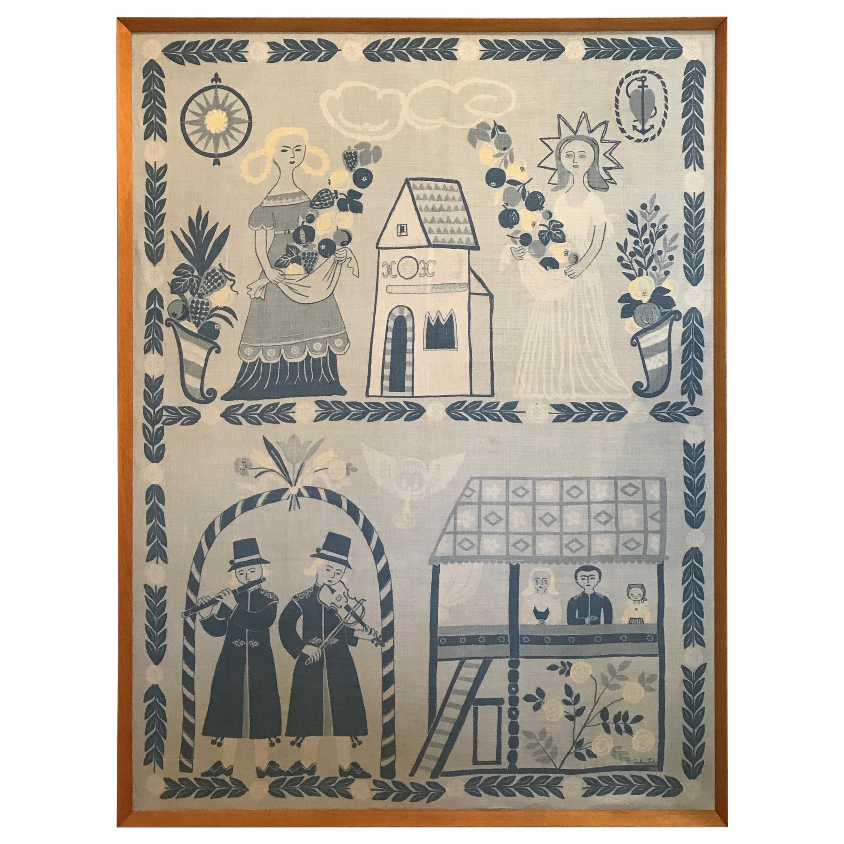 Large Framed Swedish Linen Wall Hanging by Gocken Jobs, Dated 1956 For Sale