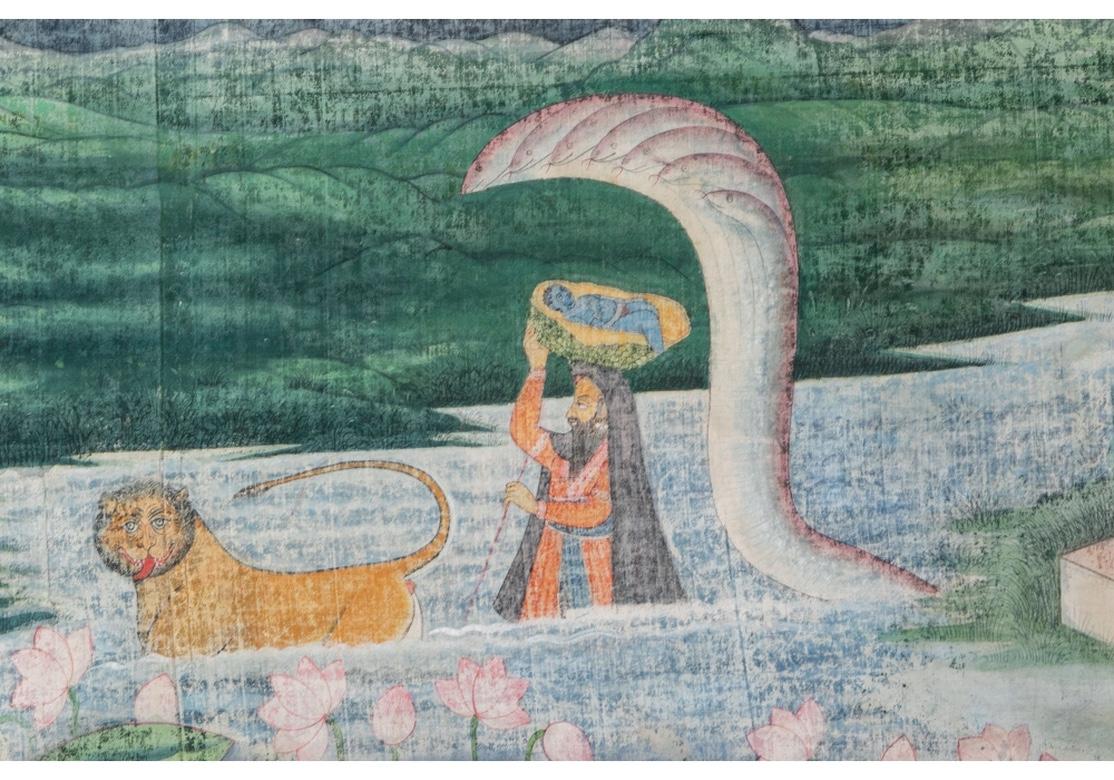 Indian Large Framed Textile Depiction of the Baby Krishna Escaping King Kansa