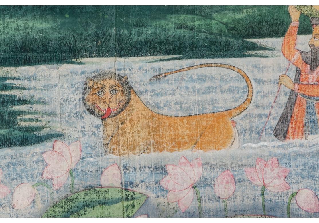 19th Century Large Framed Textile Depiction of the Baby Krishna Escaping King Kansa
