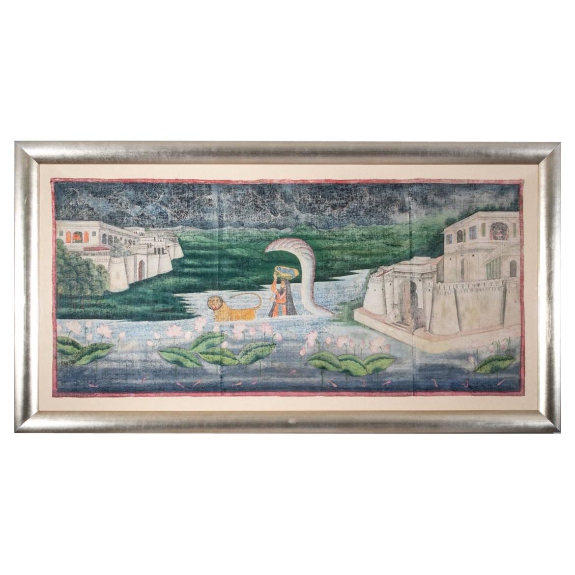 Large Framed Textile Depiction of the Baby Krishna Escaping King Kansa