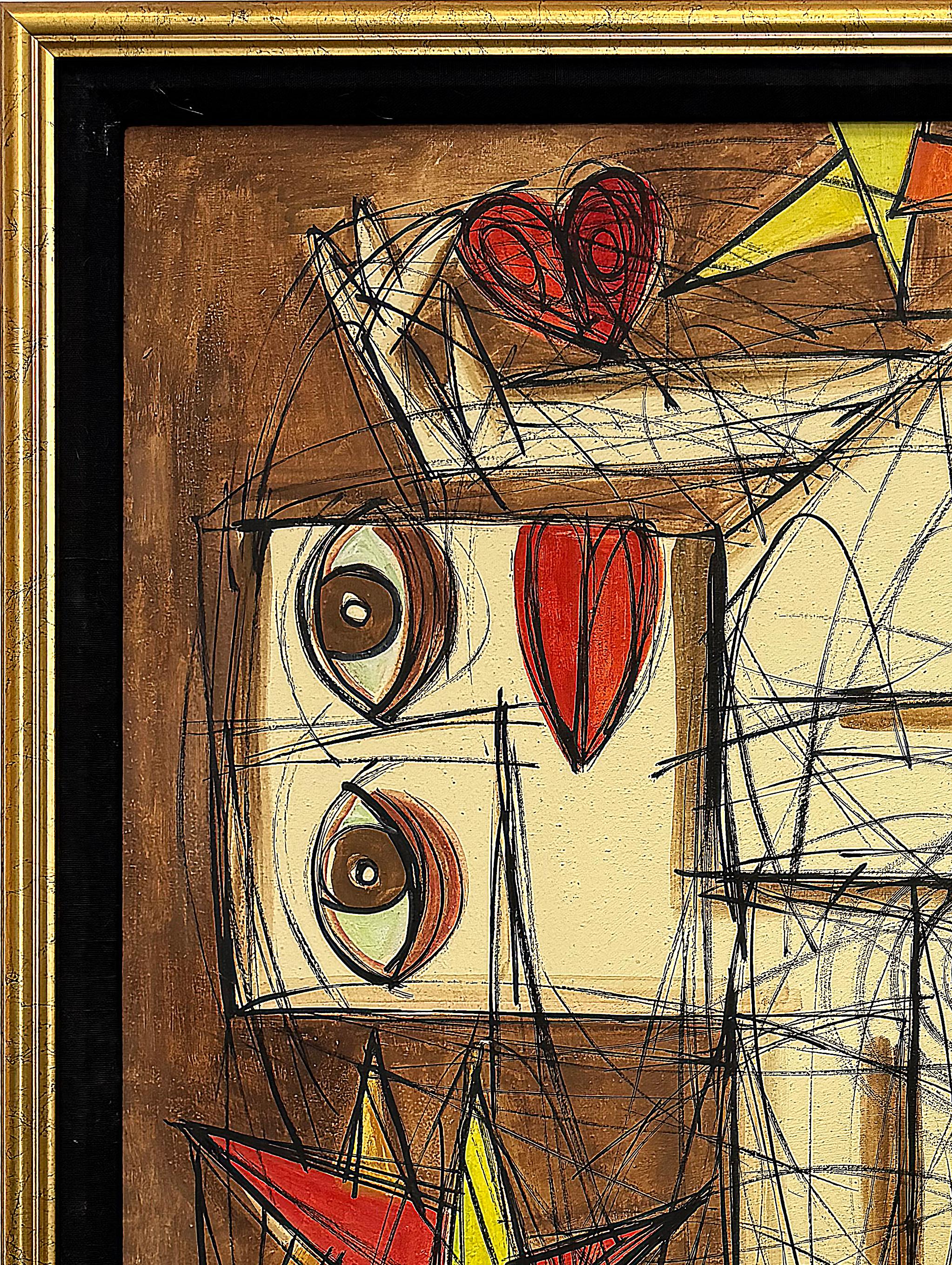 Große gerahmte Vintage Picasso Stil abstrakte Malerei (Handbemalt) im Angebot