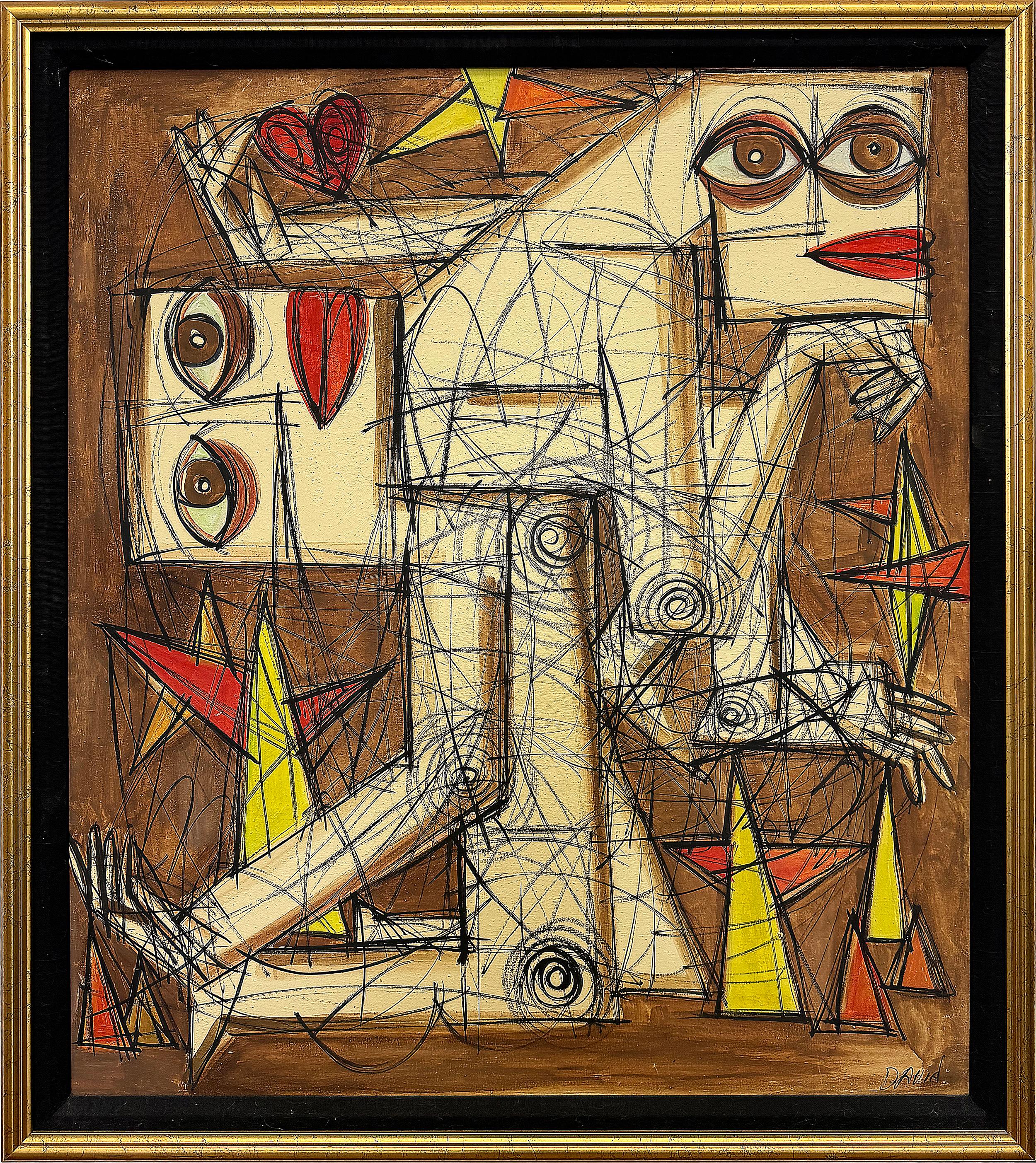 Große gerahmte Vintage Picasso Stil abstrakte Malerei im Angebot 1