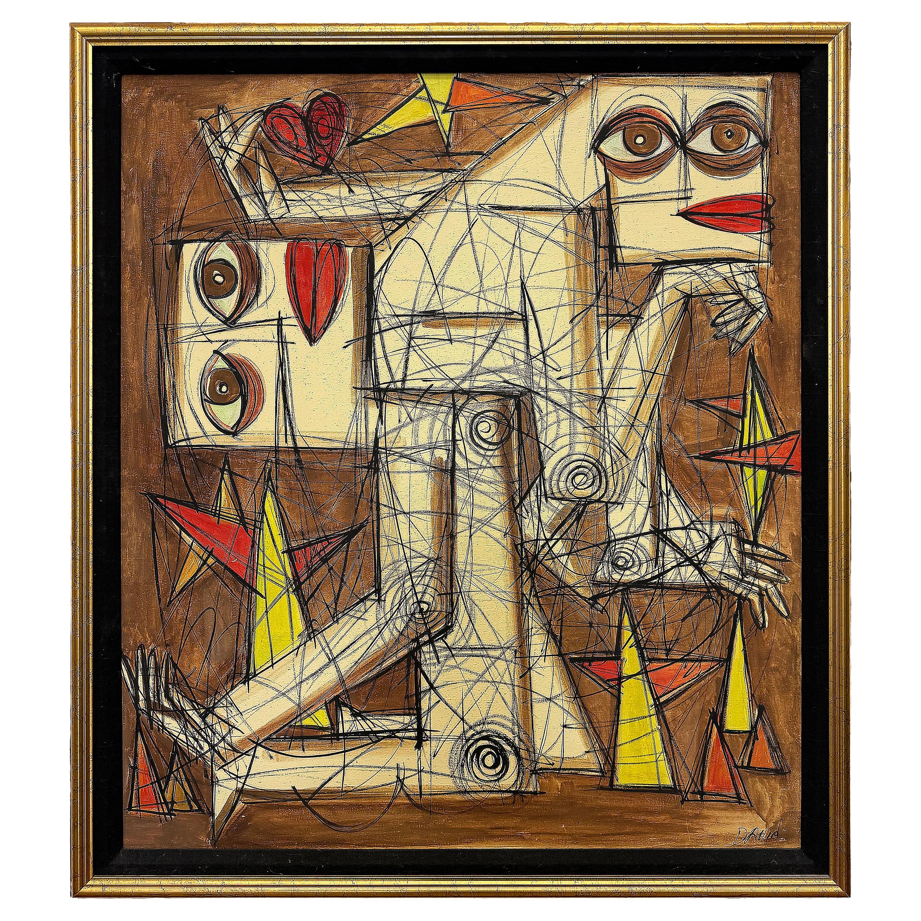 Große gerahmte Vintage Picasso Stil abstrakte Malerei im Angebot