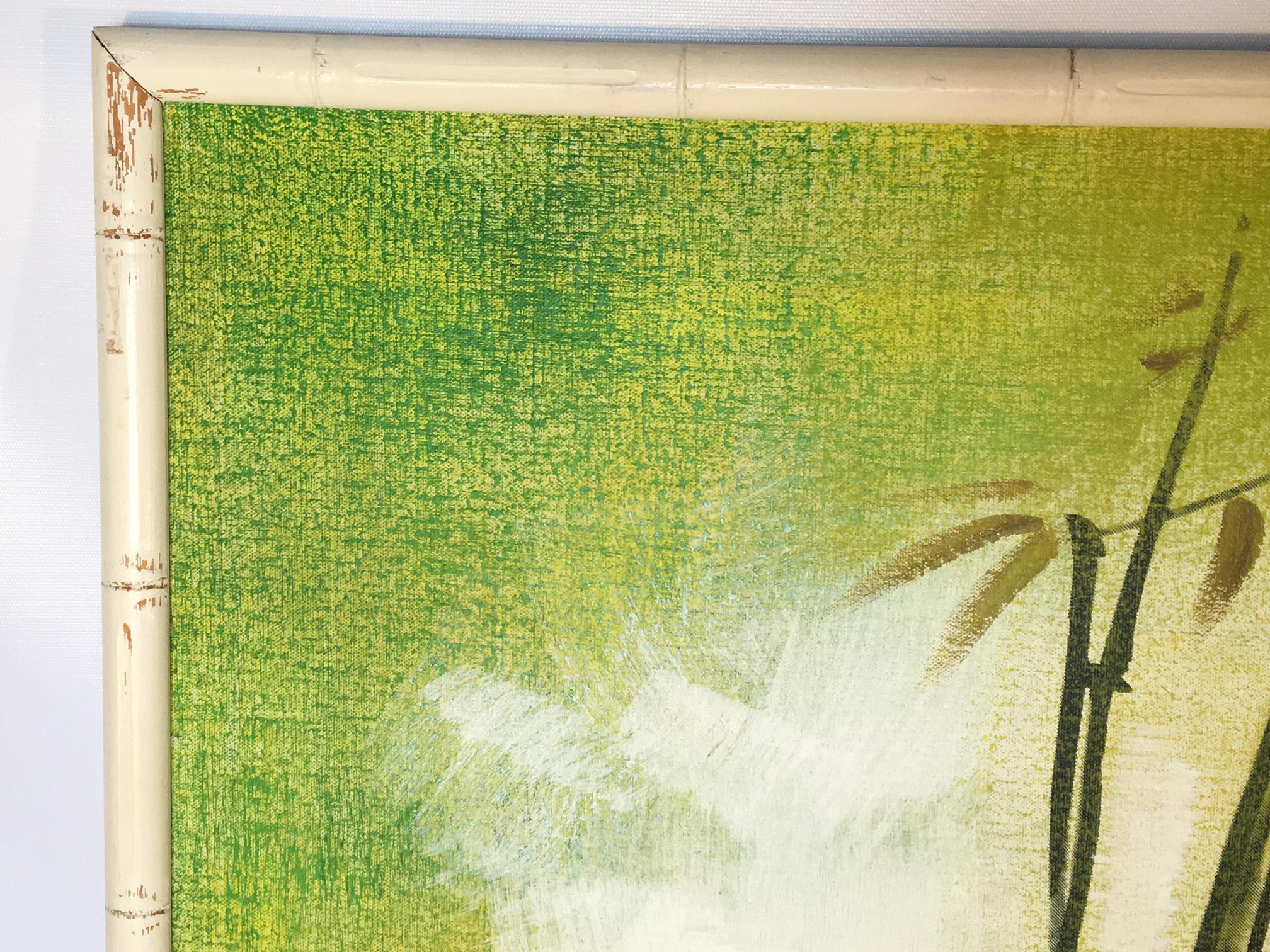 This oversized framed painting by 1970s artist Wing Lee makes a bold statement in any Hollywood Regency decor. Asian inspired bamboo abstract on canvas in greens and yellows with a white frame. Tons of character with it's slightly distressed wood