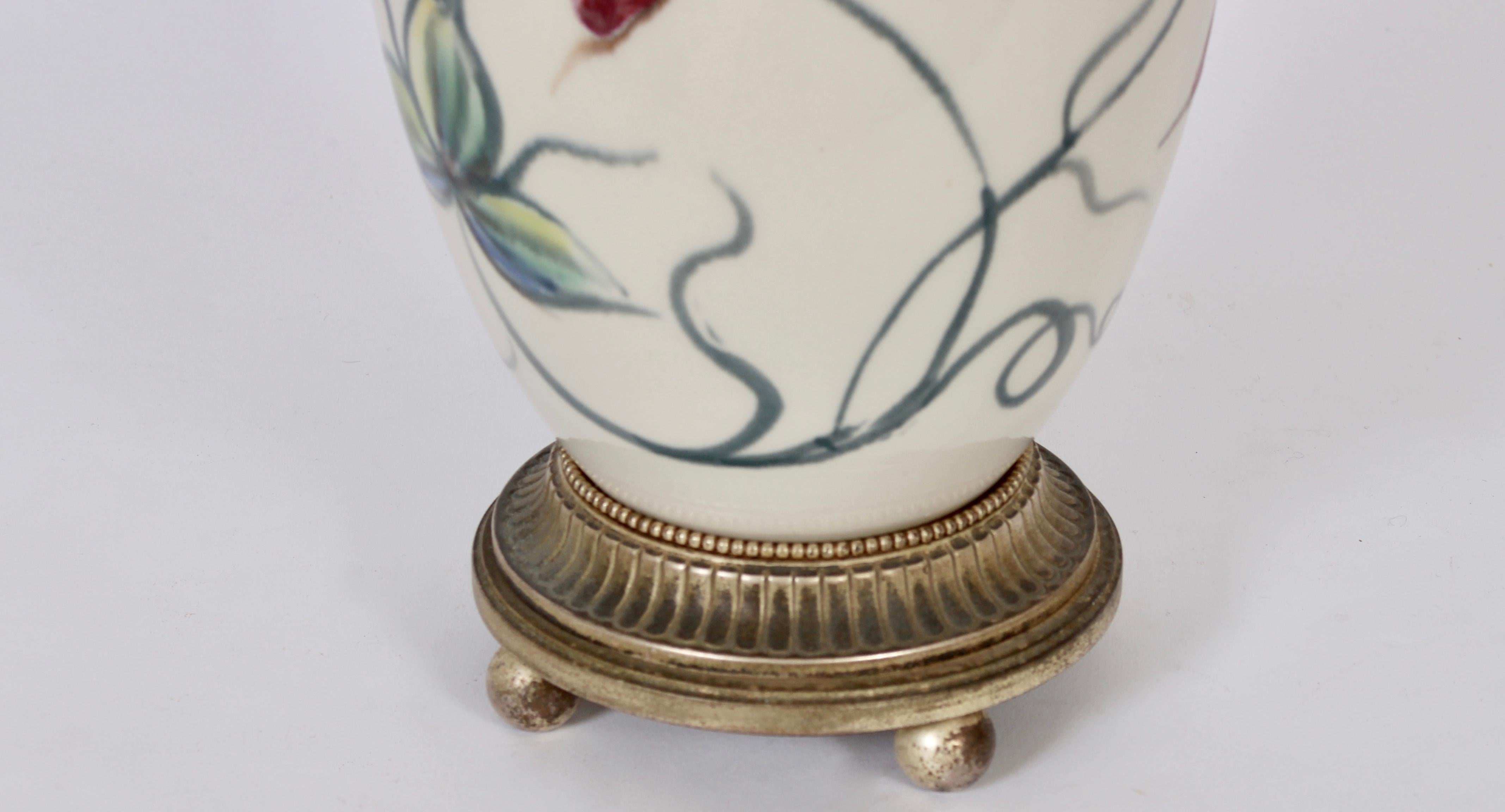American Joseph Frances von Tury Hand Coloured Floral Porcelain Table Lamp, circa 1950 For Sale