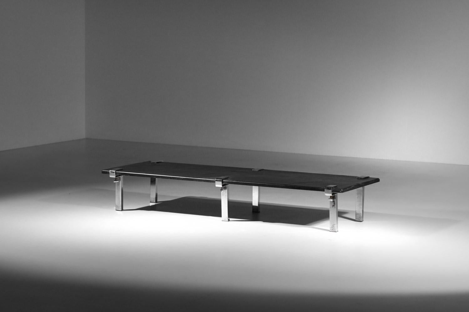 Chrome Large François Arnal coffee table with slate top from the 60s For Sale