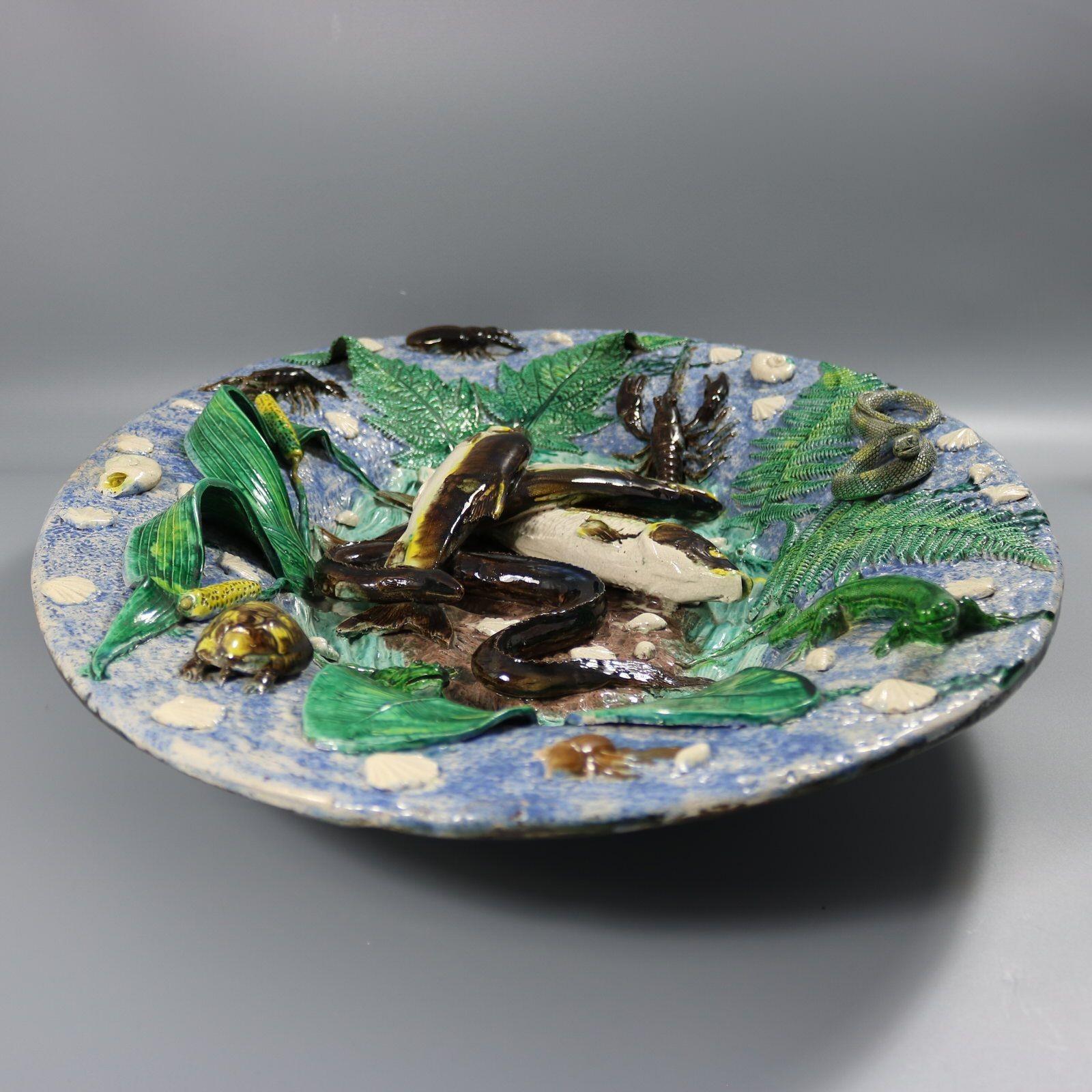 Große französische Palissy-Majolika-Platte von Francois Maurice im Angebot 10