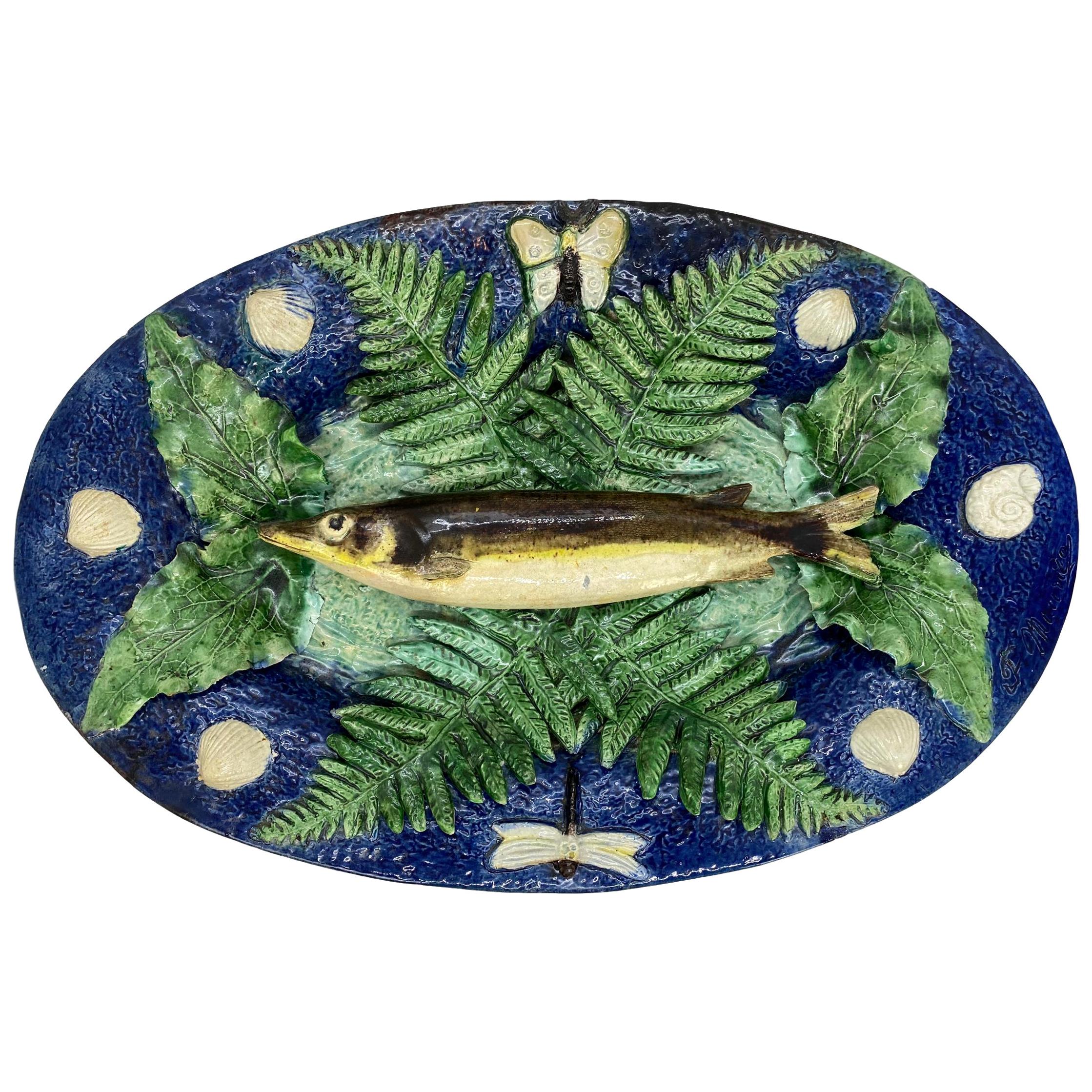 Large Franҫois Maurice Palissy Ware Majolica Trompe L'oeil Fish Plaque, 1880