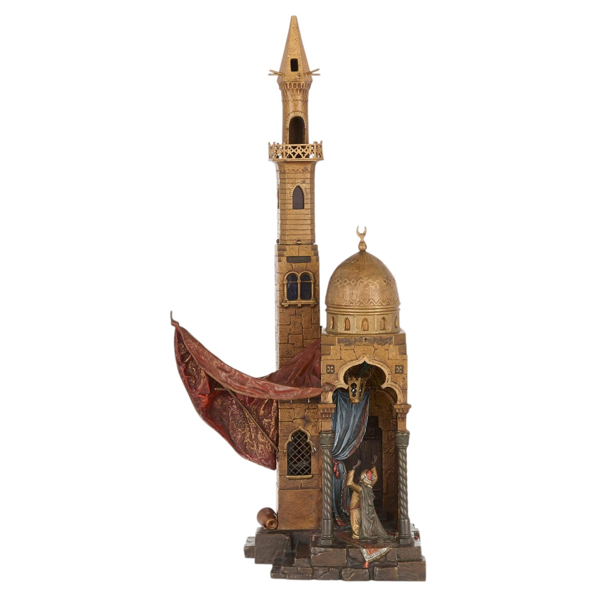 Lámpara de mezquita grande de bronce pintada en frío, de estilo orientalista, de Franz Bergman en venta