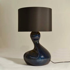 Large Hand Carved Table Lamp in Deep Blue Wood, Black & Gold Shade