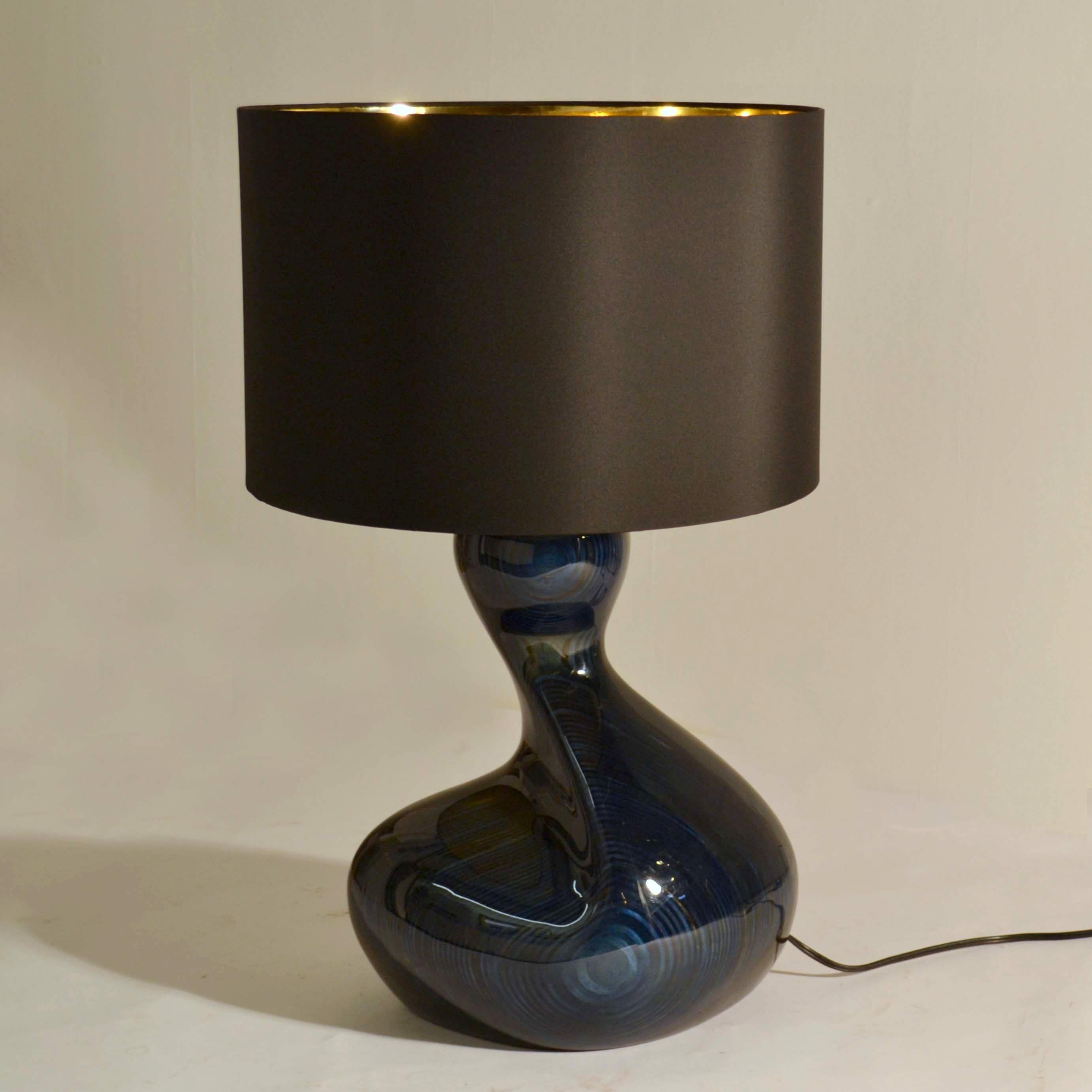 British Large Hand Carved Table Lamp in Deep Blue Wood, Black & Gold Shade