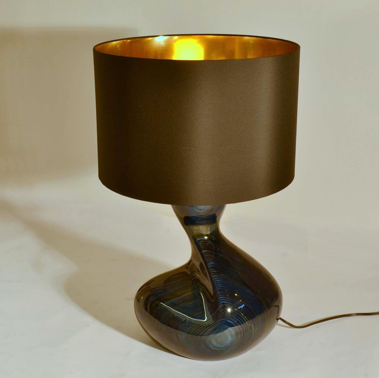 Large Hand Carved Table Lamp in Deep Blue Wood, Black & Gold Shade In Excellent Condition In London, GB