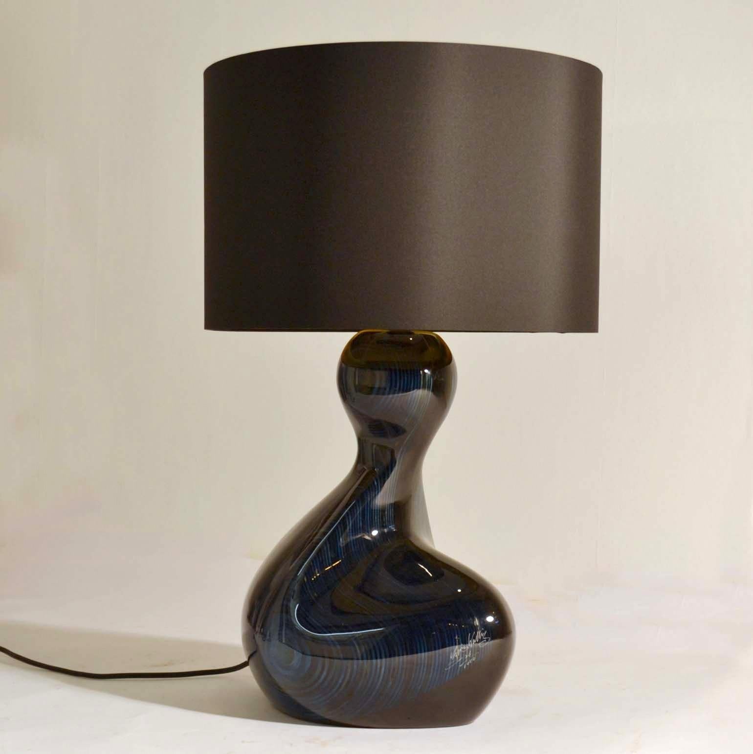 Contemporary Large Hand Carved Table Lamp in Deep Blue Wood, Black & Gold Shade