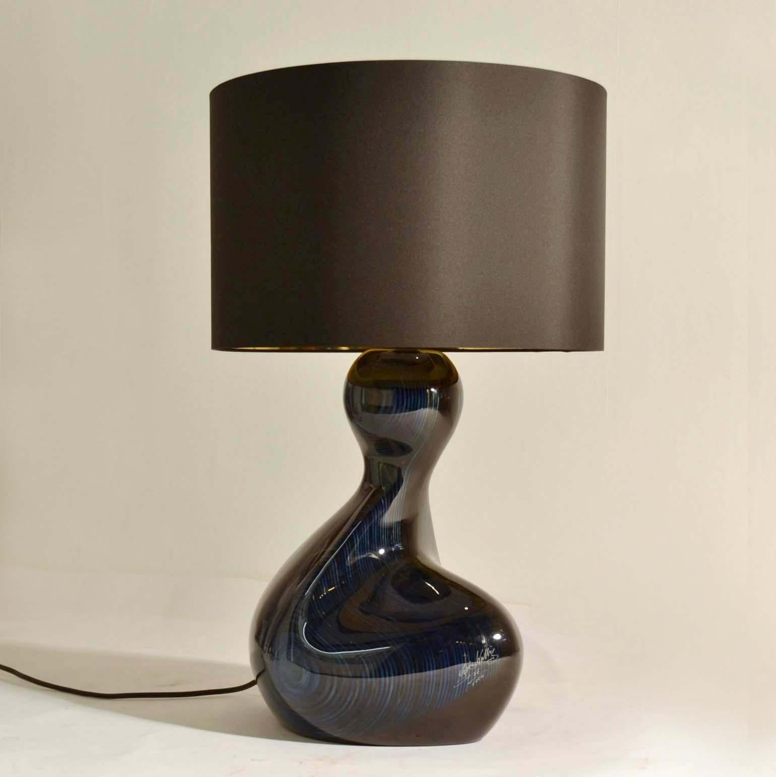 Plywood Large Hand Carved Table Lamp in Deep Blue Wood, Black & Gold Shade