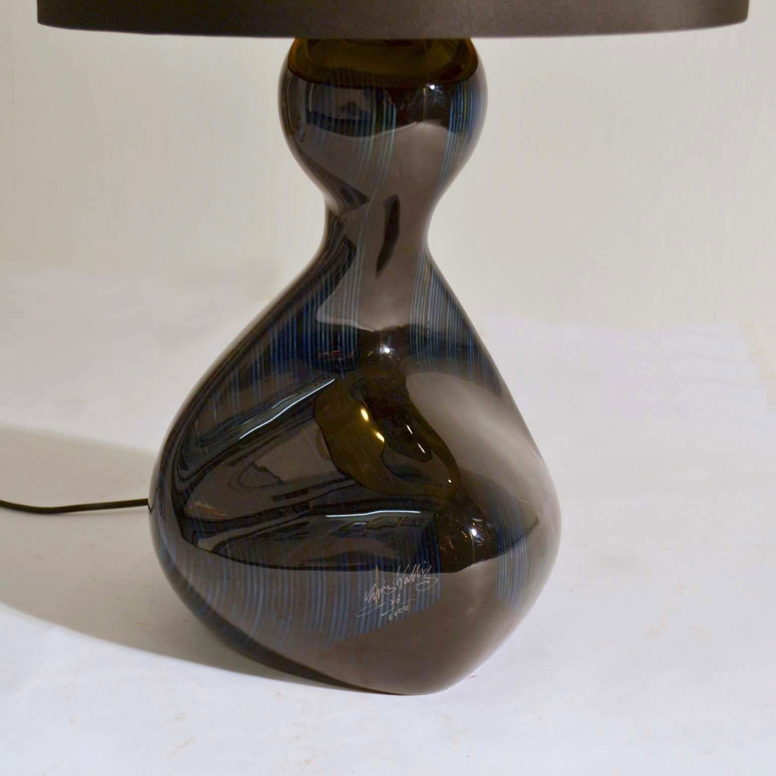 Large Hand Carved Table Lamp in Deep Blue Wood, Black & Gold Shade 1