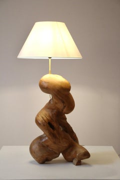 Large Free-Form Teak Sculptural Table Lamp, France 1970s