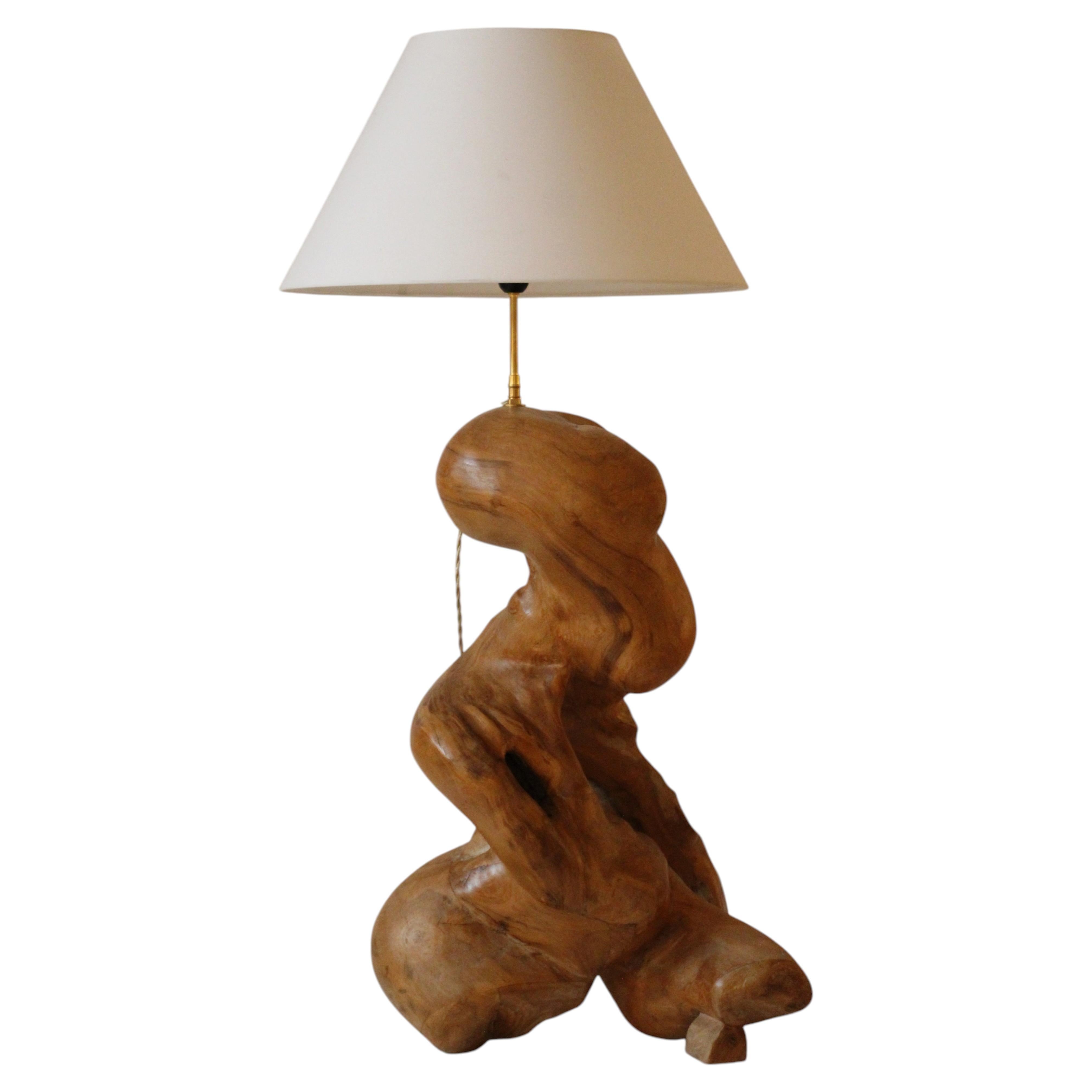 Large Free-Form Teak Sculptural Table Lamp, France 1970s