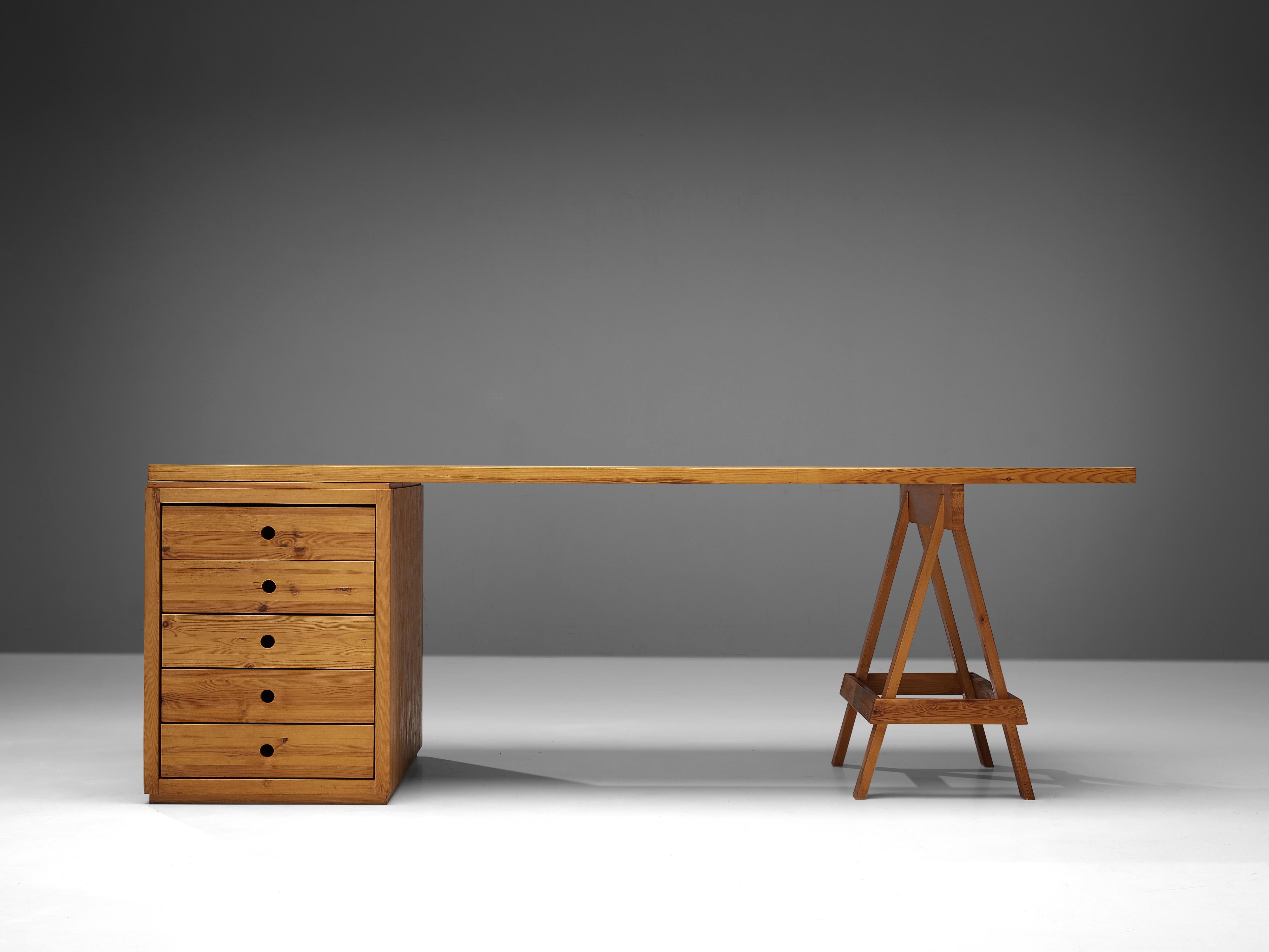 Mid-Century Modern Ate van Apeldoorn Large Free-Standing Desk with Drawers in Solid Pine