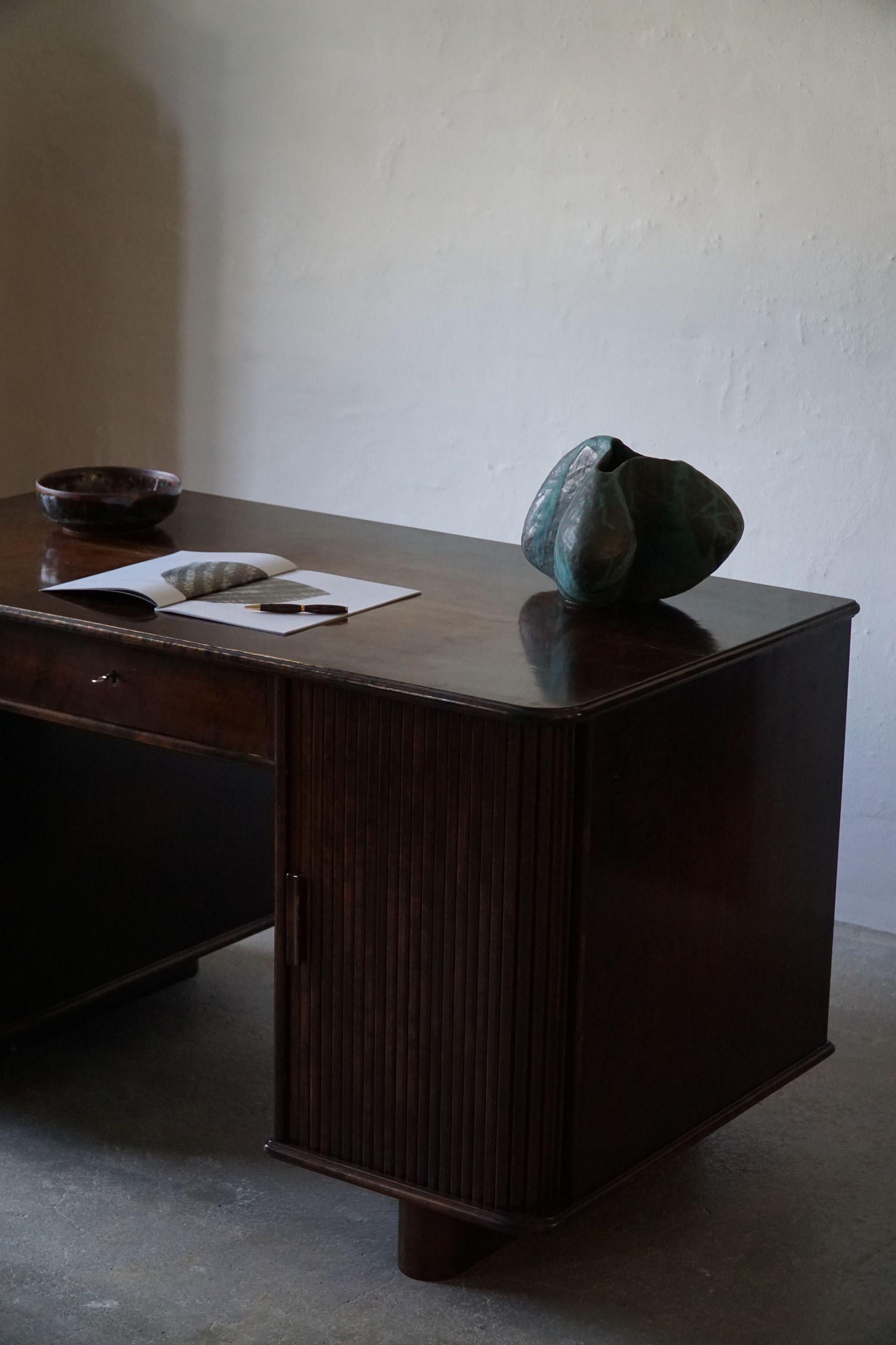 Large Freestanding Danish Art Deco Tambour Desk in Lacquered Beech, 1940s 5