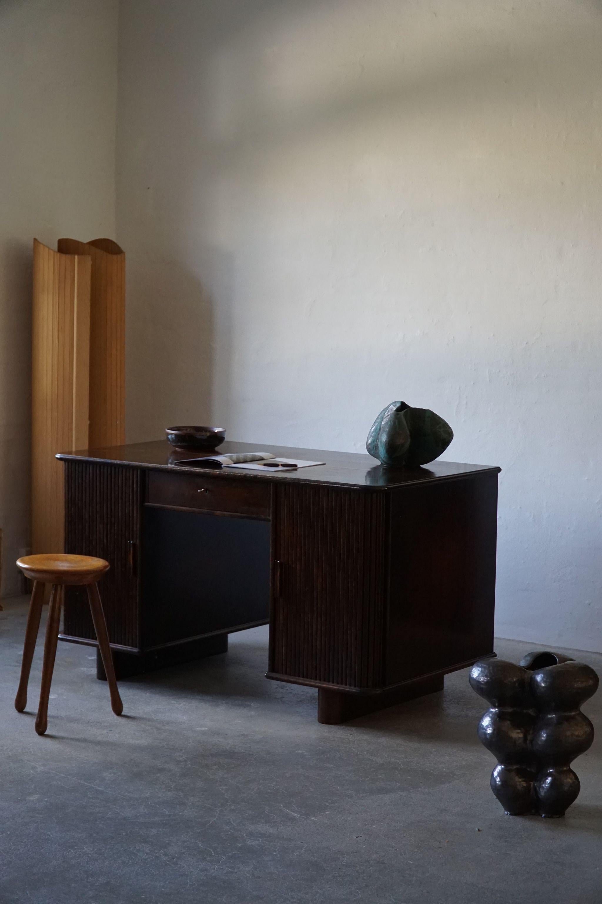 Mid-20th Century Large Freestanding Danish Art Deco Tambour Desk in Lacquered Beech, 1940s