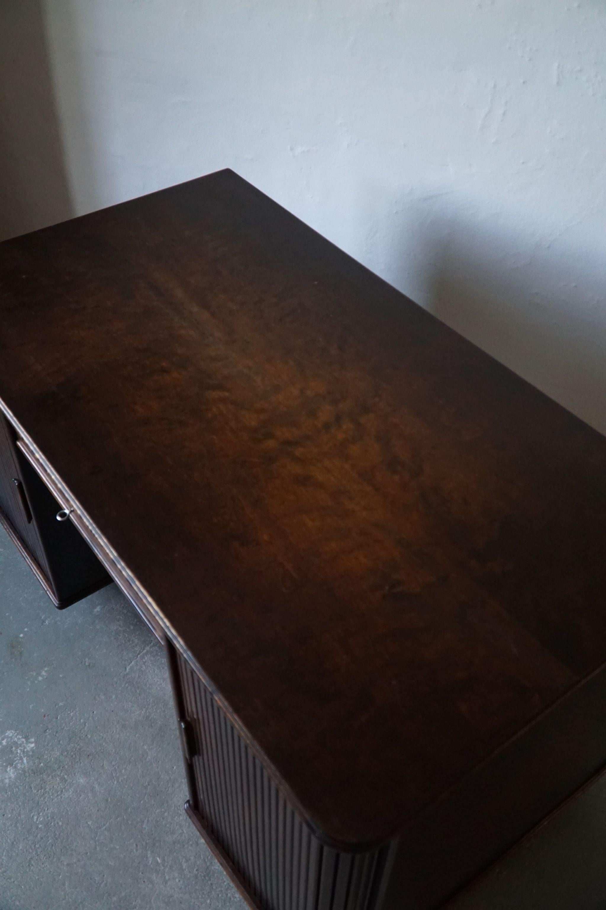 Brass Large Freestanding Danish Art Deco Tambour Desk in Lacquered Beech, 1940s