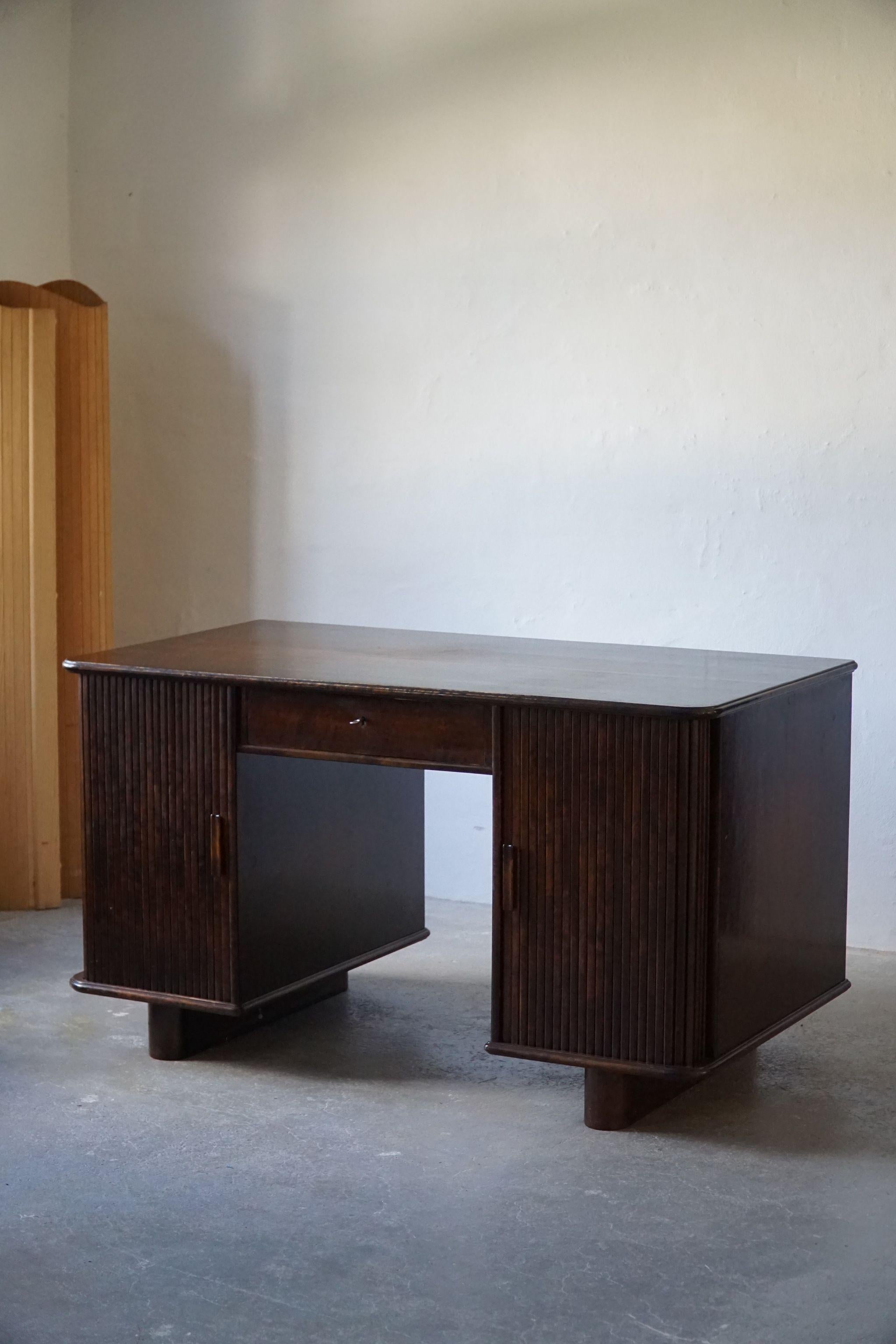 Large Freestanding Danish Art Deco Tambour Desk in Lacquered Beech, 1940s 3