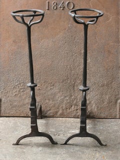 Large French 17th Century Gothic Andirons or Landiers with Wolf Head