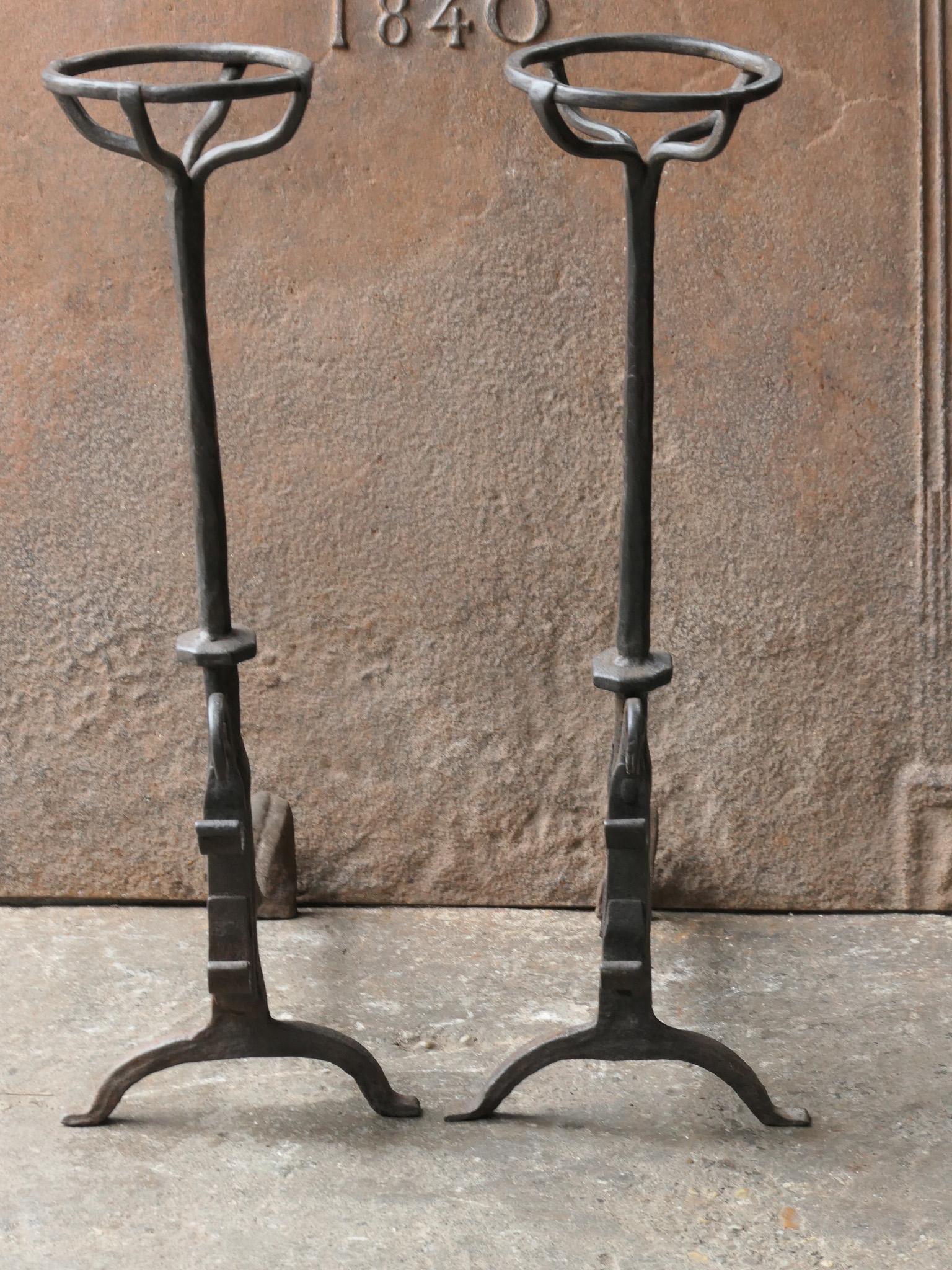 Forged Large French 17th Century Gothic Andirons or Landiers with Wolf Head For Sale