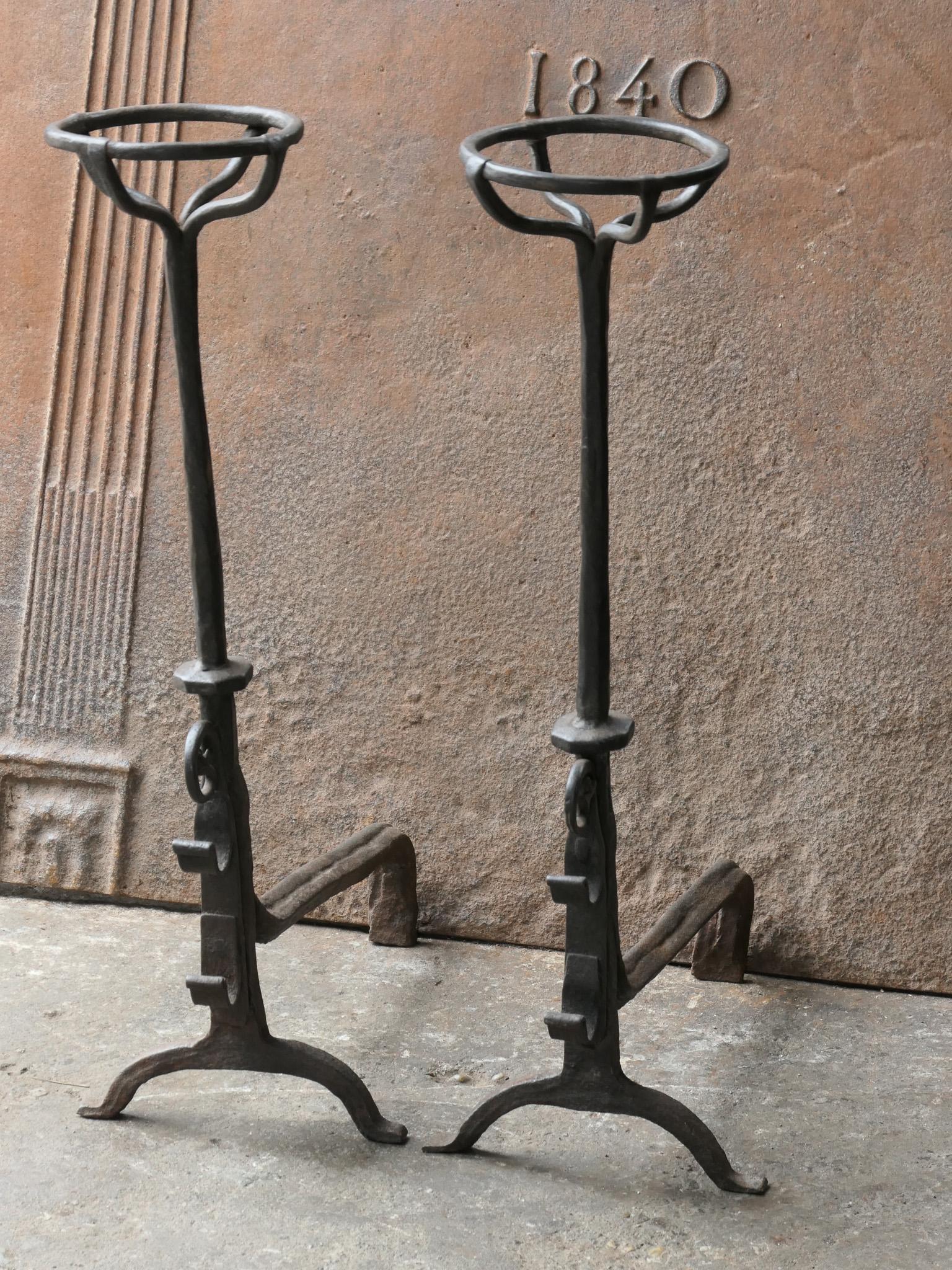 18th Century and Earlier Large French 17th Century Gothic Andirons or Landiers with Wolf Head For Sale