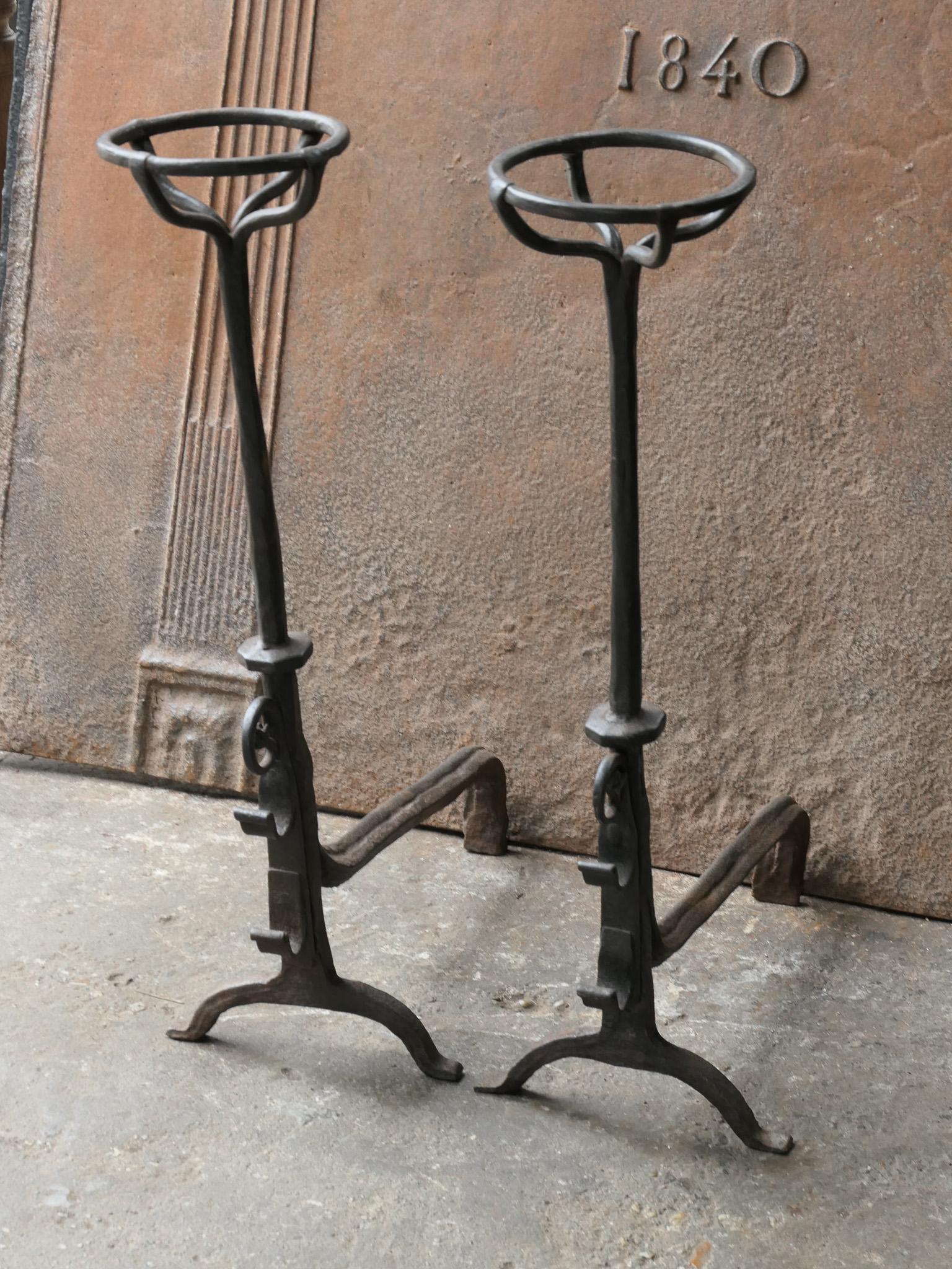 Wrought Iron Large French 17th Century Gothic Andirons or Landiers with Wolf Head For Sale