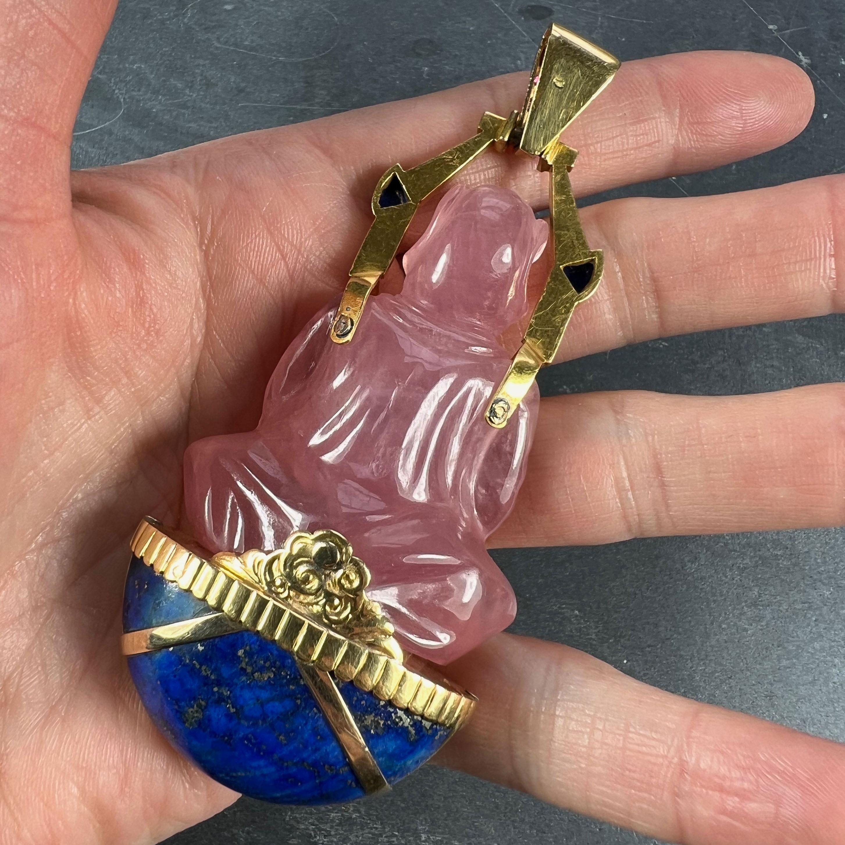 Large French 18K Yellow Gold Ruby Rose Quartz Lapis Buddha Pendant For Sale 5