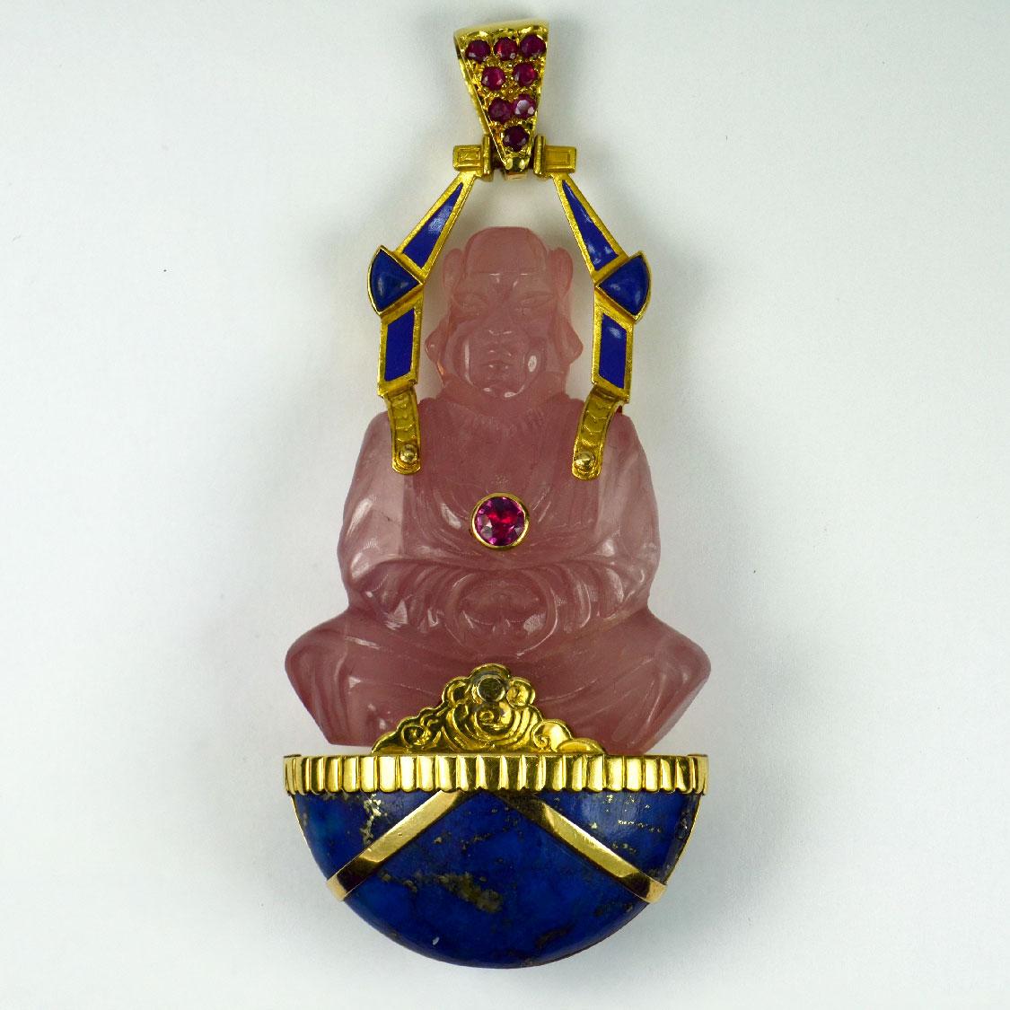 Large French 18K Yellow Gold Ruby Rose Quartz Lapis Buddha Pendant For Sale 11