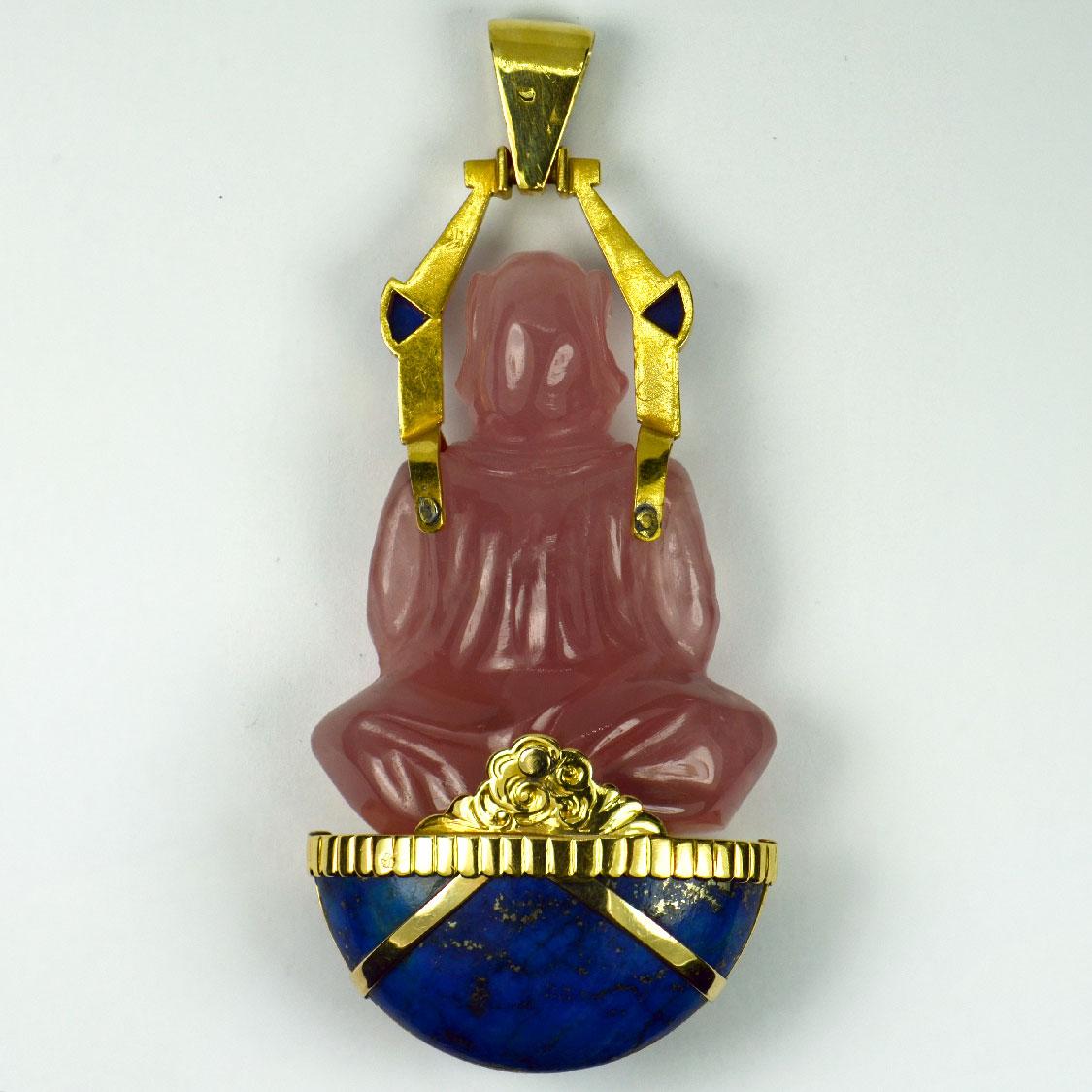 Large French 18K Yellow Gold Ruby Rose Quartz Lapis Buddha Pendant For Sale 12