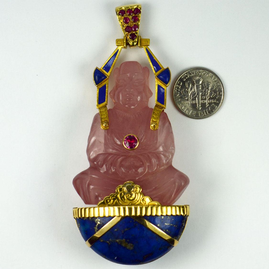 Large French 18K Yellow Gold Ruby Rose Quartz Lapis Buddha Pendant For Sale 13