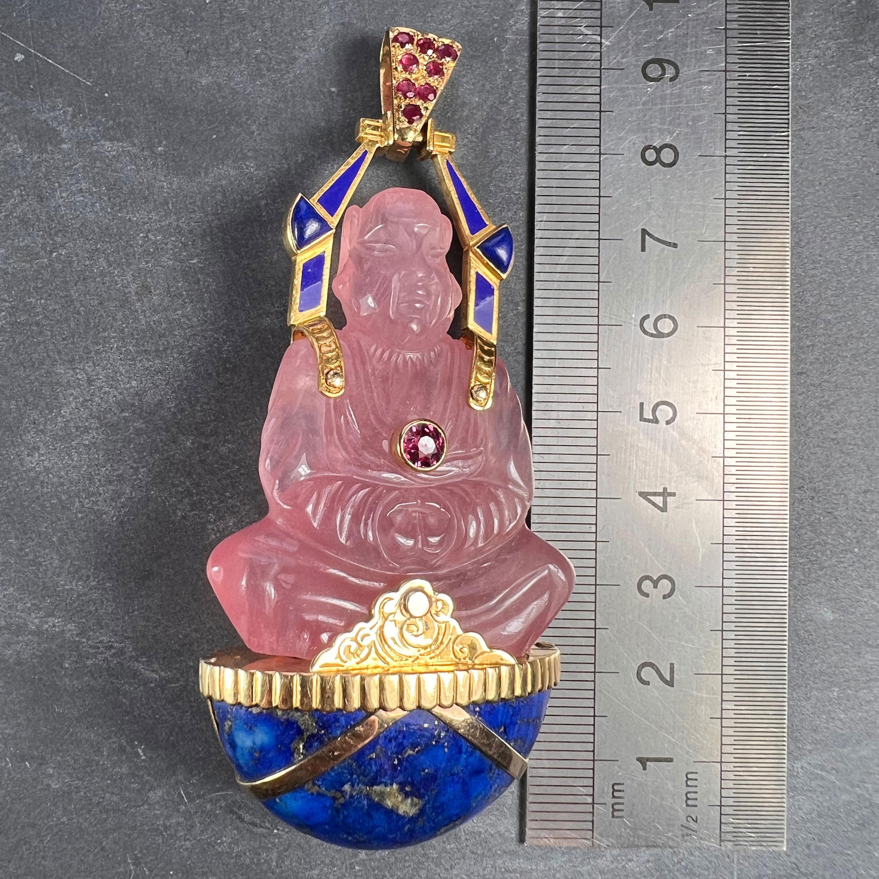 Large French 18K Yellow Gold Ruby Rose Quartz Lapis Buddha Pendant For Sale 6