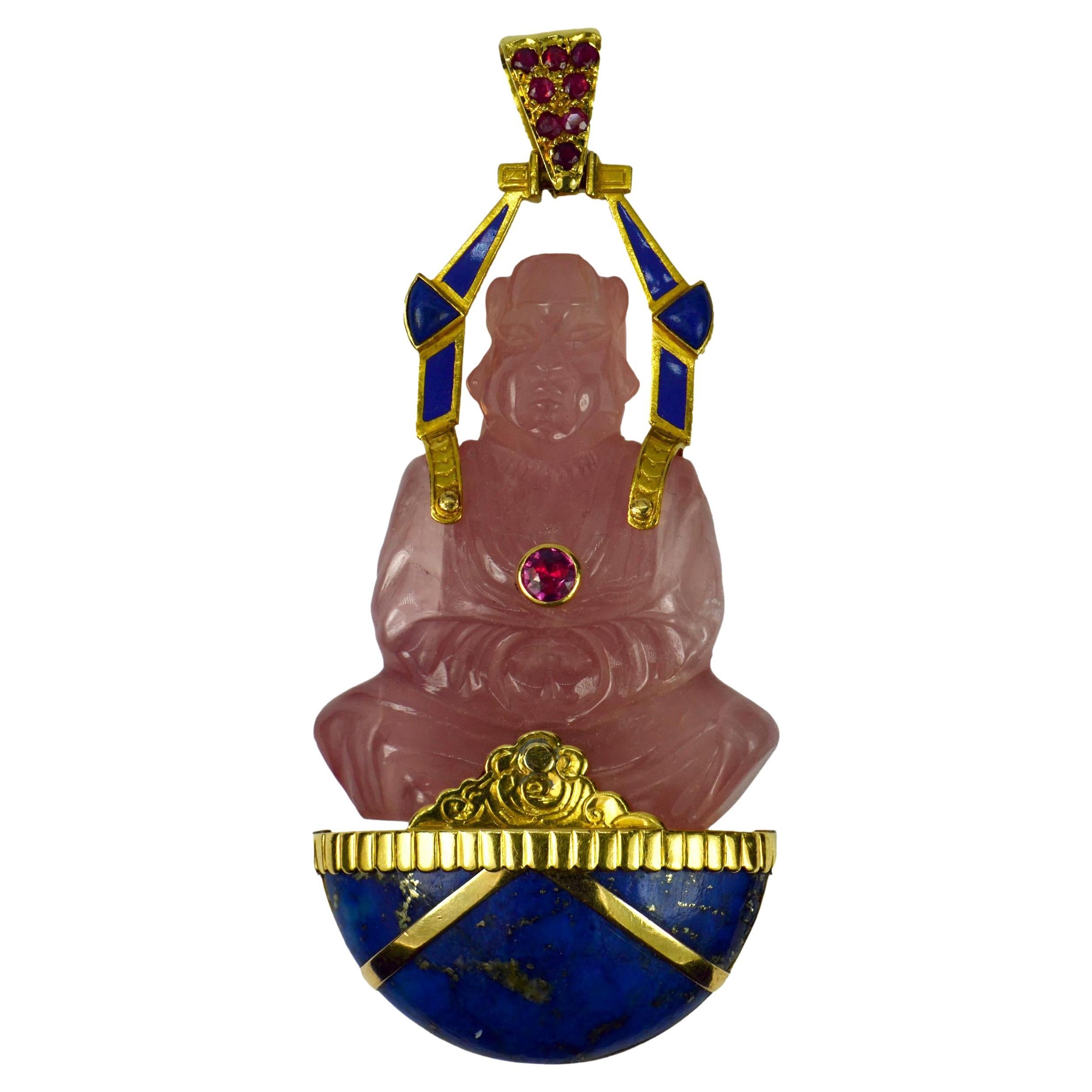 Large French 18K Yellow Gold Ruby Rose Quartz Lapis Buddha Pendant