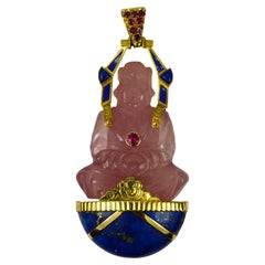 Vintage Large French 18K Yellow Gold Ruby Rose Quartz Lapis Buddha Pendant