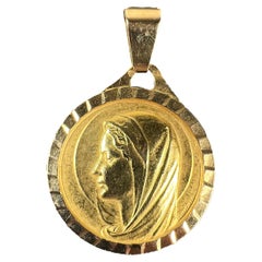 Large French 18K Yellow Gold Virgin Mary Charm Pendant Medal