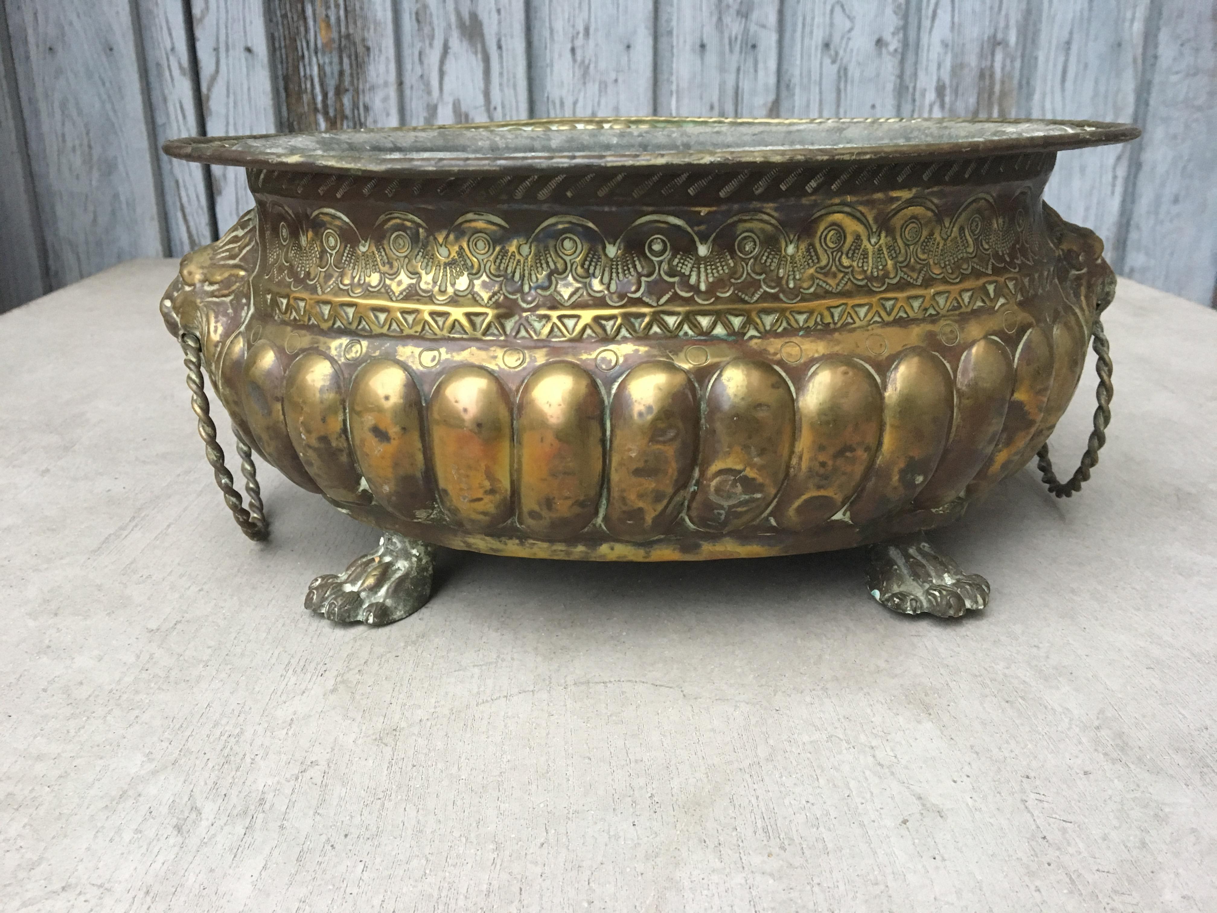 Large French 18th Century Baroque Brass Lion-head Champagne Cooler & Jardiniere 13