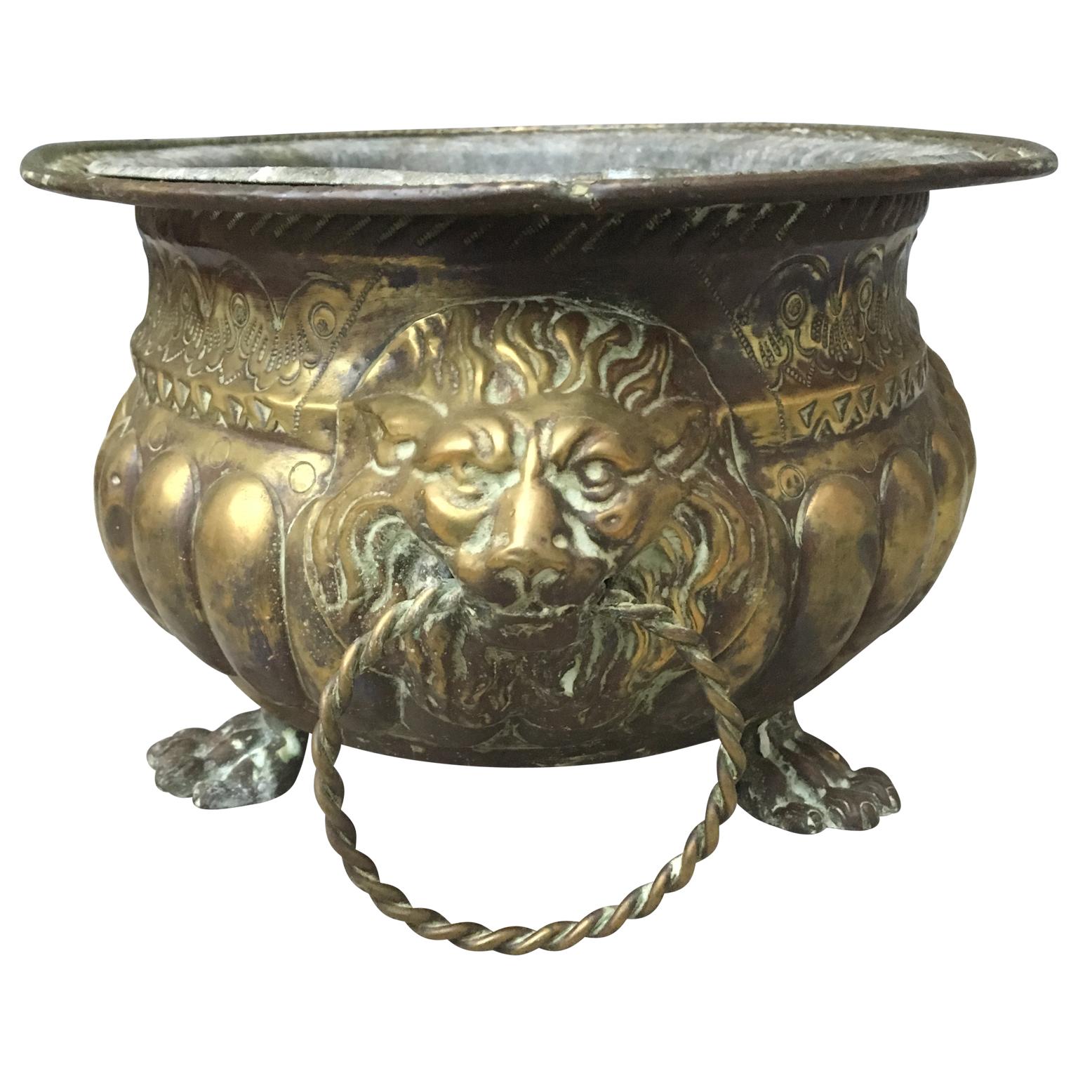 Large French 18th Century Baroque Brass Lion-head Champagne Cooler & Jardiniere In Fair Condition In Haddonfield, NJ