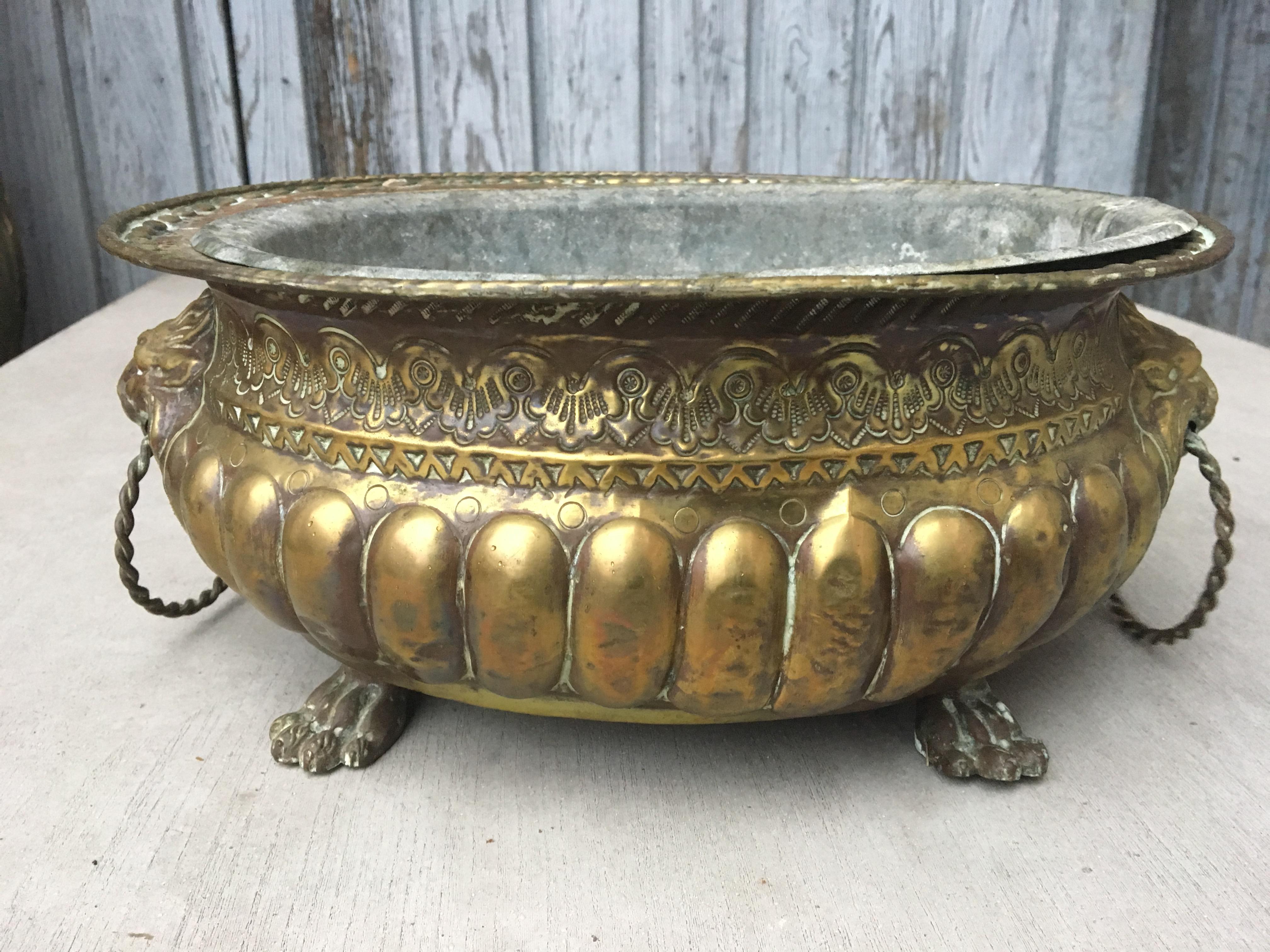 Large French 18th Century Baroque Brass Lion-head Champagne Cooler & Jardiniere 3