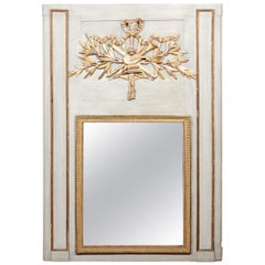 Large French 18th Century Painted Trumeau Mirror with Giltwood Musical Trophy