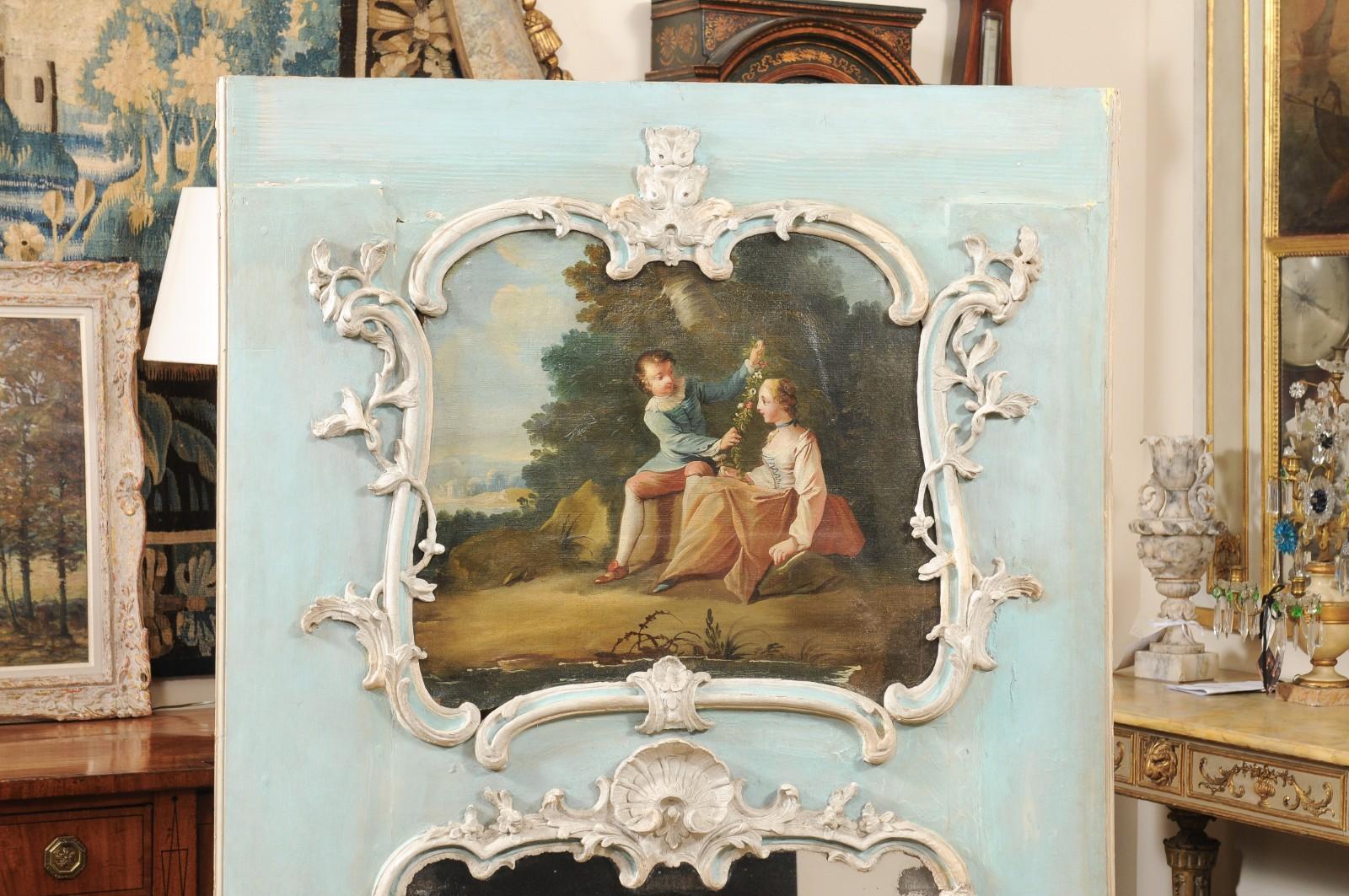 Grande specchio francese Regence Trumeau del 18° secolo con olio In condizioni discrete in vendita a Atlanta, GA